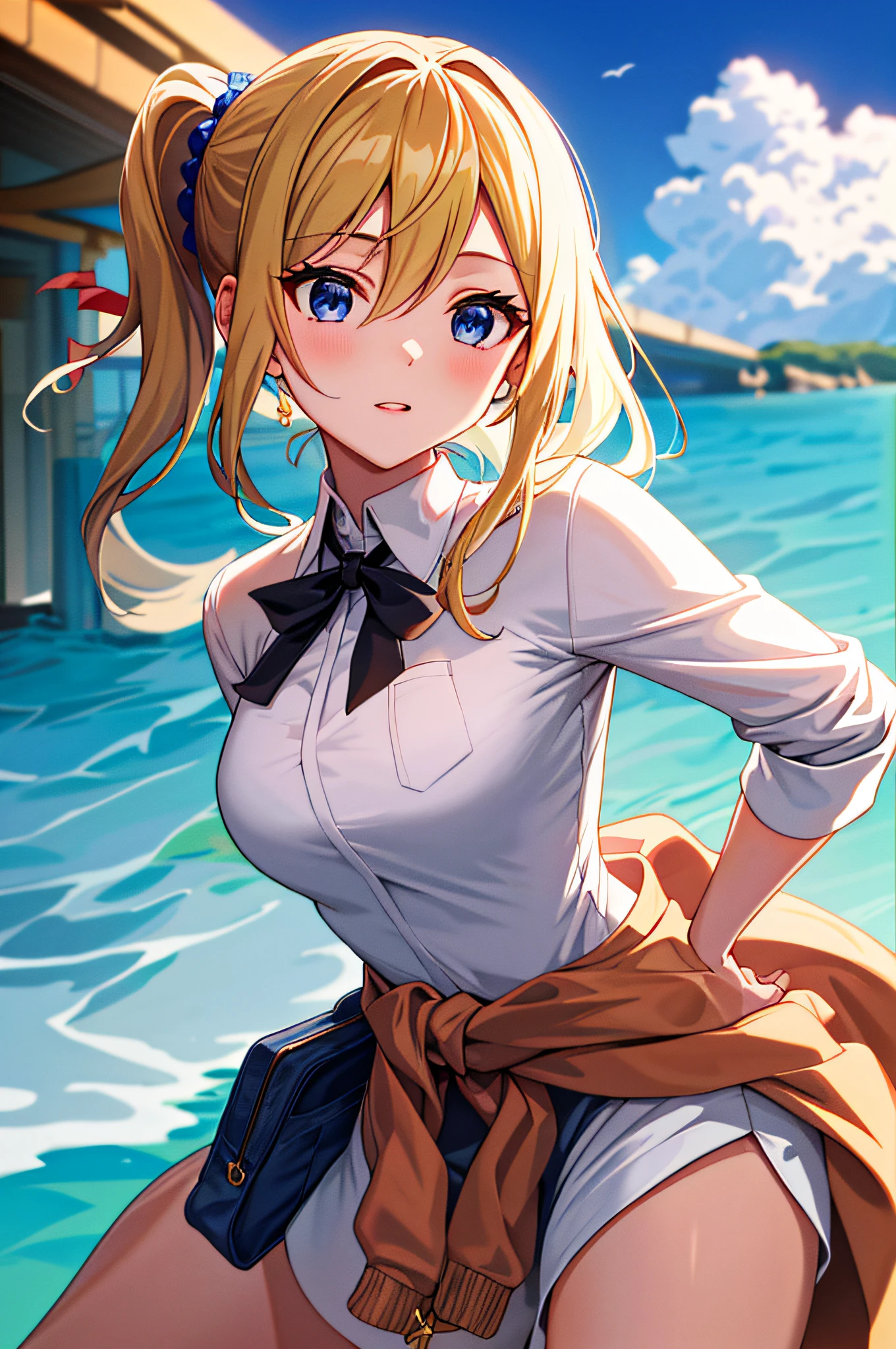 (Cover-style: 1.3)，8K，tmasterpiece， Best quality at best， Ai Hayasaka is in 4， 1girll， 独奏， nedium breasts， looking at viewert， Be red in the face， eBlue eyes， blond hairbl， simple backgound， The shirt， hair adornments， white backgrounid， hairsbetweeneyes， 校服， white  shirt， nail polish， side pony tail， Show on the， tightsuit， Hair kneading， Blue nails， clothes around waist， Blue pinched， Shuzhi school uniform