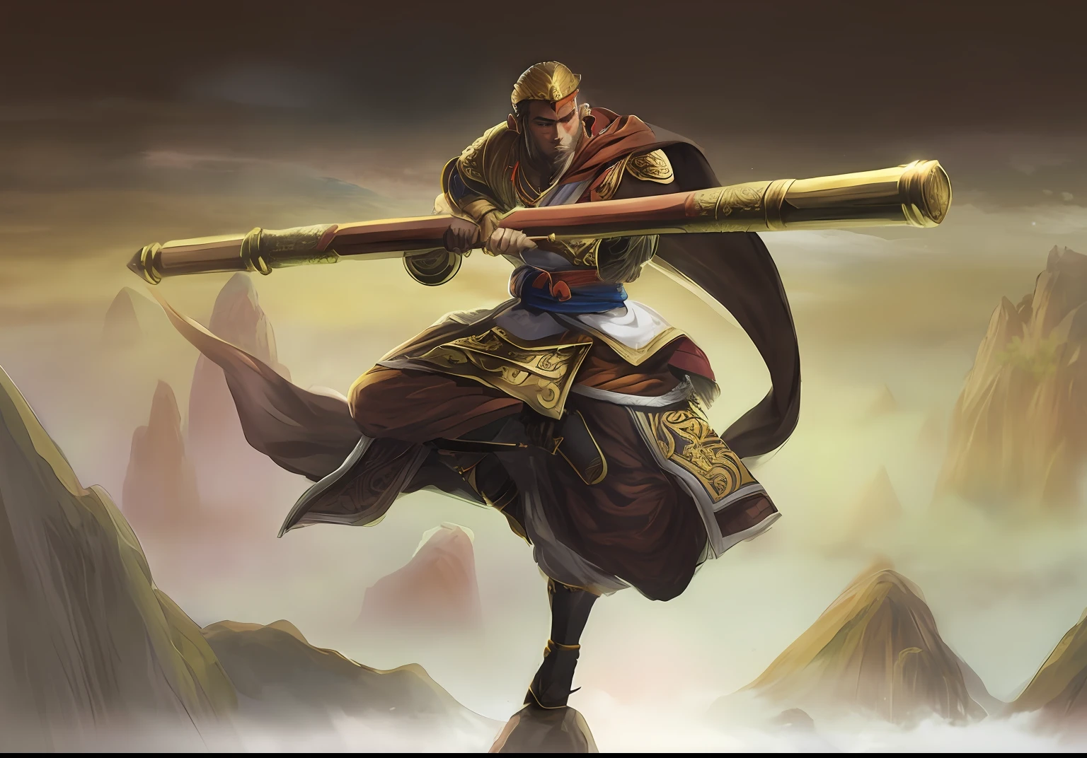 A man with a sword in the mountains, son goku, Wukong, Monkey king, Chinese Warrior,Domineering and mighty, concept art of a monk, humanoid monkey fantasy race, legendary god holding spear --auto