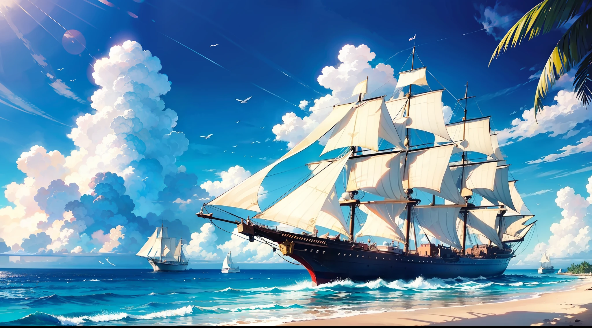 hd masterpiece, ((fantasy sailing ships)), (colorful clouds), ships far away in ocean, ((tropic islands))