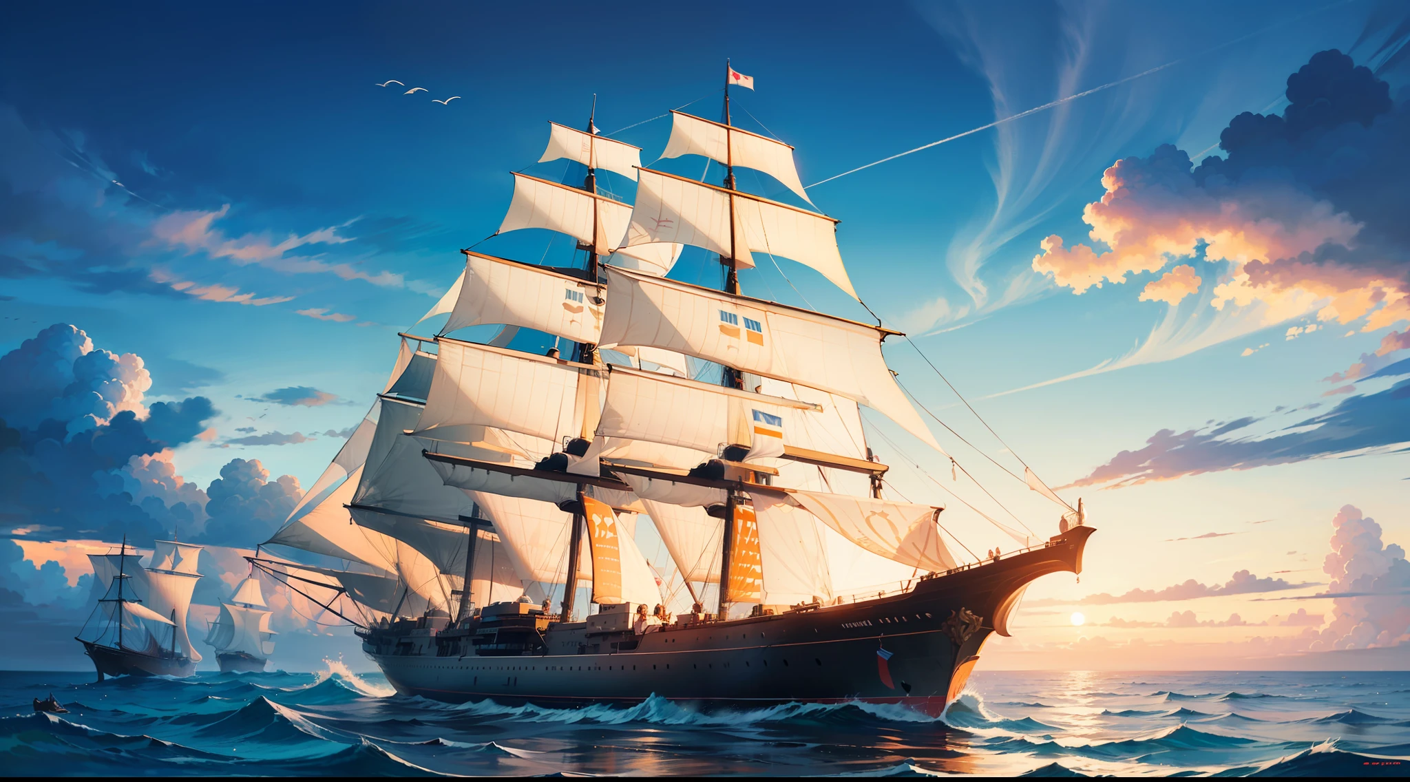 hd masterpiece, ((fantasy sailing ships)), (colorful clouds), ships far away in ocean, ((tropic islands))