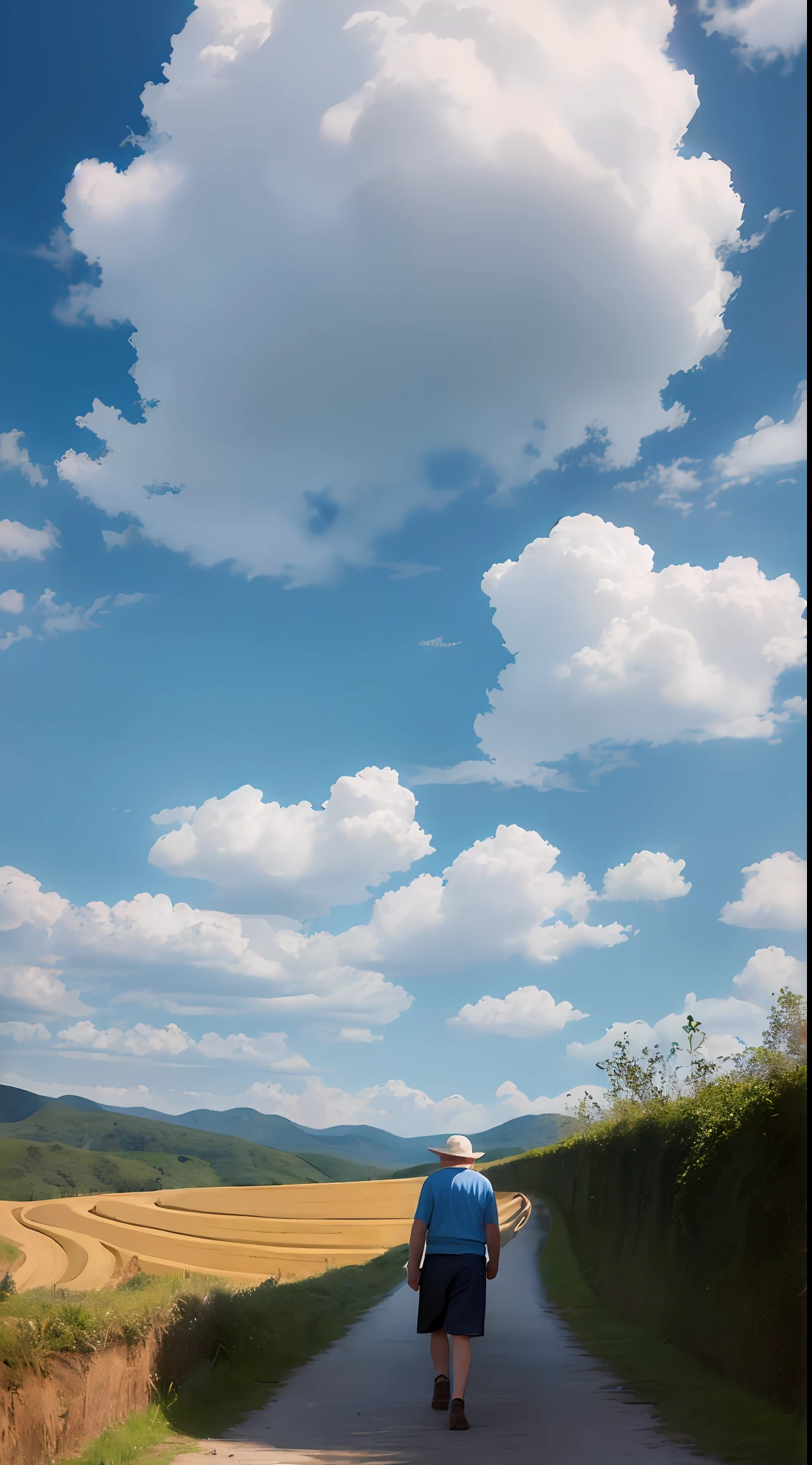 An old farmer carries a flat burden,Walk the winding roads of the countryside,large clouds、blue-sky、Earthy yellow loess plateau,Quiet,rustic,high definition detail、hyper-detailing、cinematic ligh、ultra-realistic realism、Soft light、Deep field focus bokeh、Ray tracing and surrealism。 --v6