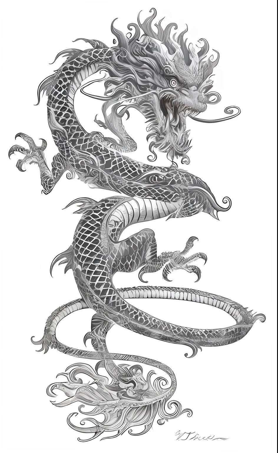 Detailed depiction of a Chinese dragon:Long tail,Smooth skin,Fine engraving,Magnificent,Scar description,Fighting elements,Design language,Traditional Chinese art,Fine illustration。 --auto