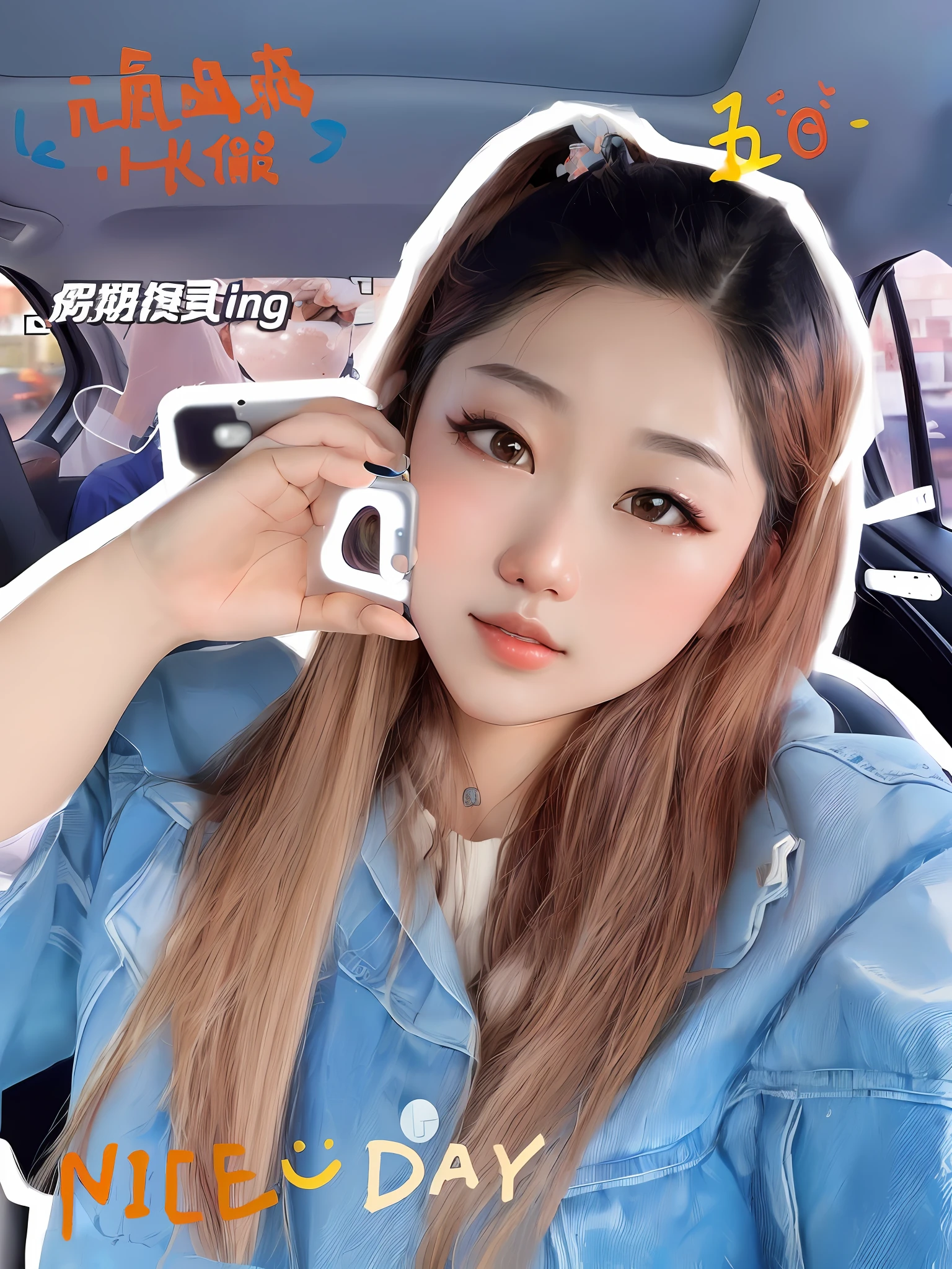 The Araved woman holds the phone in her hand，In the back seat sat a man, trending at cgstation, trending on cgstation, xintong chen, ulzzangs, Ruan cute vtuber, tzuyu from twice, young cute wan asian face, zmonzheng, belle delphine, 8k selfie photograph, Li Zixin, Weibo