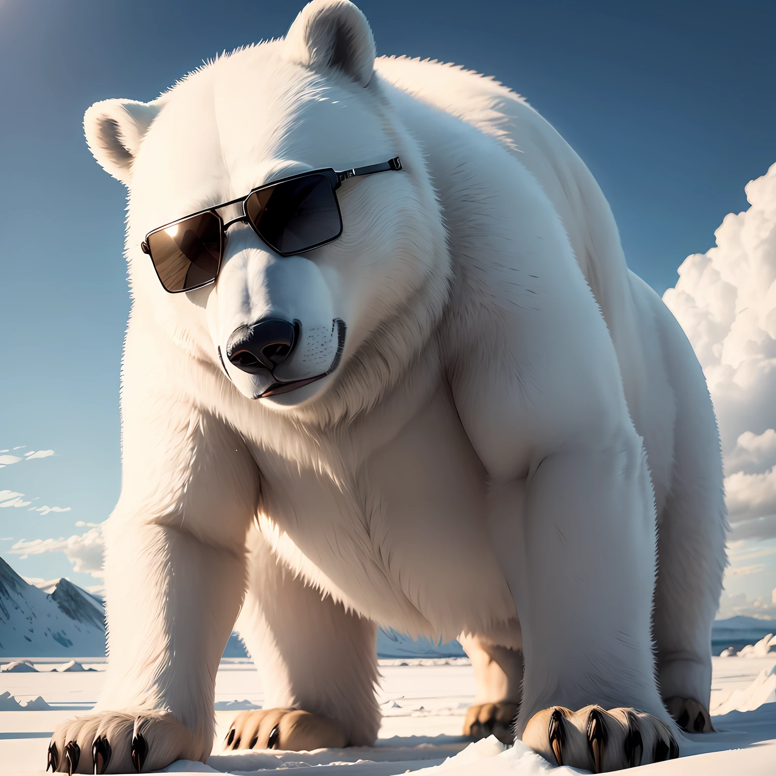 ((melhor qualidade)), ((ultra res)), ((fotorrealista)), (detalhes intrincados), Imagine a magnificent polar bear with a thick layer of pure white fur, perfect for blending in with its icy Arctic habitat. His powerful body exudes a sense of strength and grace as he stands on all fours, with its large paws providing excellent traction on the ice. Este urso polar em particular tem um comportamento divertido e legal, and proudly sports a pair of stylish sunglasses to complete his unique look.
The sunglasses perched on the polar bear's snout are elegant and modern, with black frames that complement the bear's white fur. The lenses are painted in a cool shade of blue, reflecting the icy environment and adding a touch of mystique to its appearance. Conforme o urso se move, Sunlight dances in the lenses, criando um brilho hipnotizante.
Os olhos do urso, hidden behind sunglasses, convey a sense of confidence and intrigue. Apesar das lentes opacas, You can still feel the curiosity and intelligence of the bear shining. It's as if sunglasses serve as a trendy accessory that adds an air of mystery to the polar bear's personality.
This elegant polar bear with its trendy sunglasses becomes a style icon in the Arctic, cativando tanto humanos quanto outros ursos polares. Ele incorpora uma mistura harmoniosa da beleza natural do urso e um toque de estilo moderno, lembrando-nos que mesmo as criaturas mais selvagens podem adotar um pouco de moda e individualidade. --auto