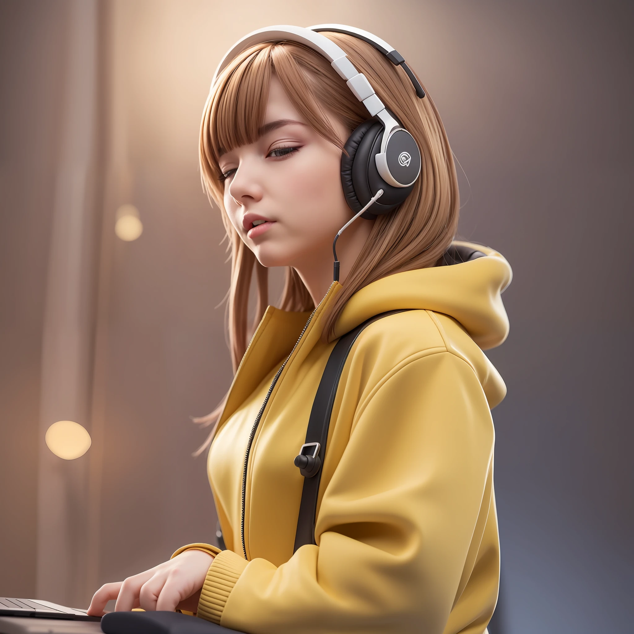 Girl in yellow jacket listening to music with her golden headphones artstation, watercolor digital art, award-winning, intricate, sharp, detailed, quality realism, 4k, hd, unreal engine 5, daz, a 12x (very) very colorful, cartoon