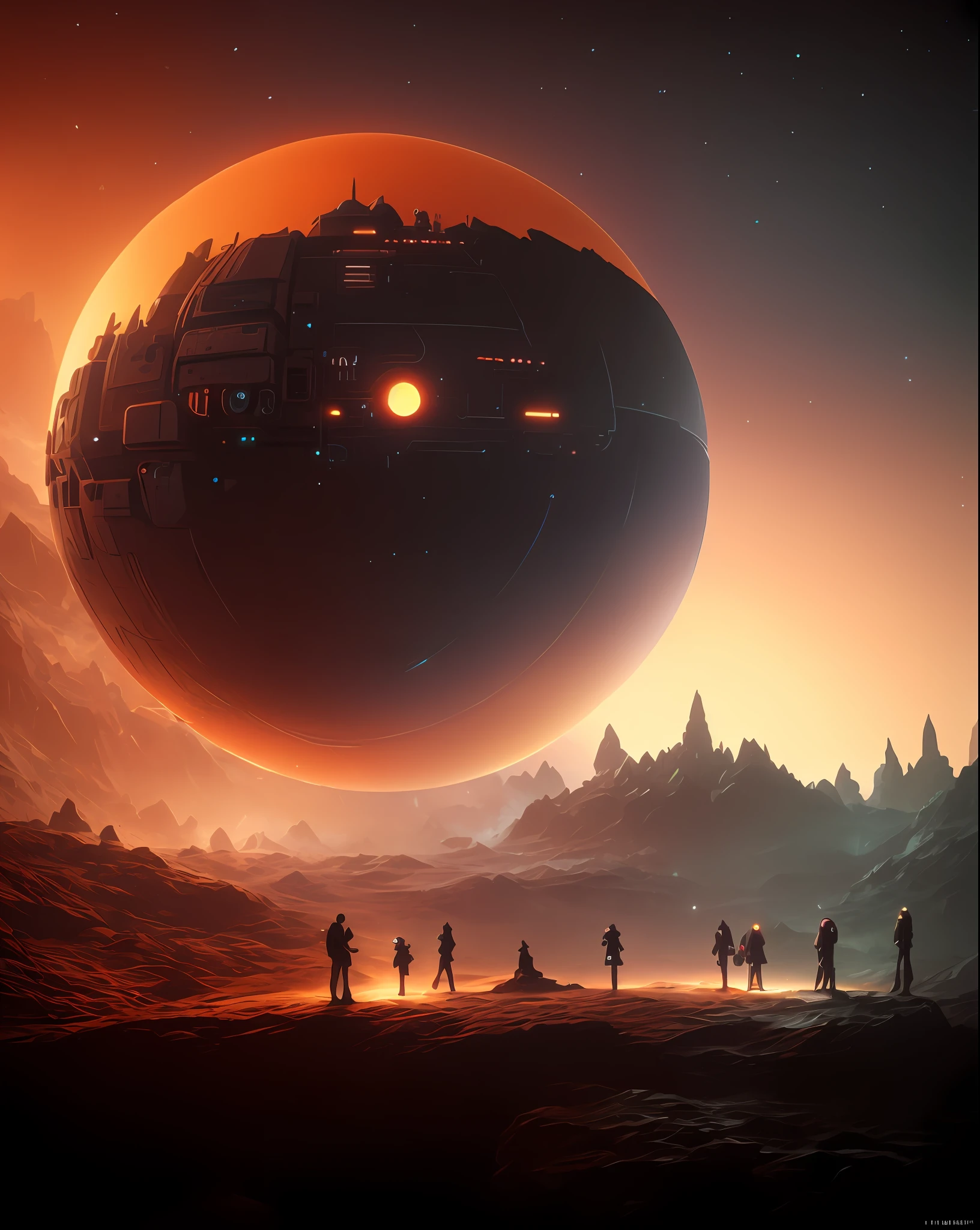 In the middle of a dark cave there is a large orange ball, artem demura beeple, sunset on distant machine planet, artgem and beeple masterpiece, 3 d render beeple, Beeple e Tim Hildebrandt, arstation and beeple highly, cinematic beeple, beeple. rendering by octane