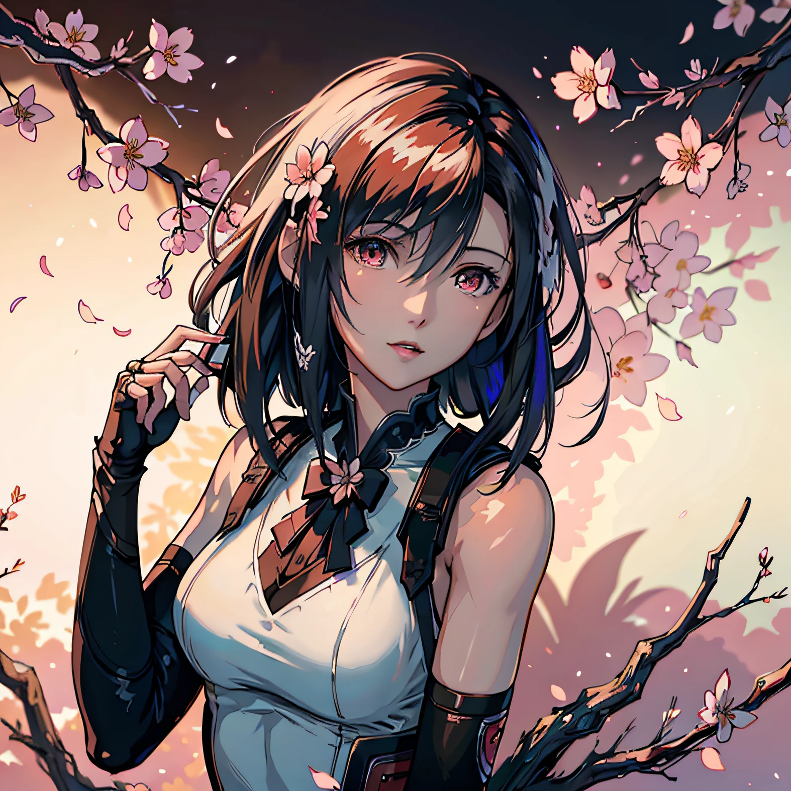 (ultra - detailed), (tmasterpiece), (best qualtiy), (very detailed CG unit 8k wallpaper), A woman with short hair and white hair stands in front of a cherry blossom tree, the soft light, concept-art, highly detailed, stylized wallpaper --auto