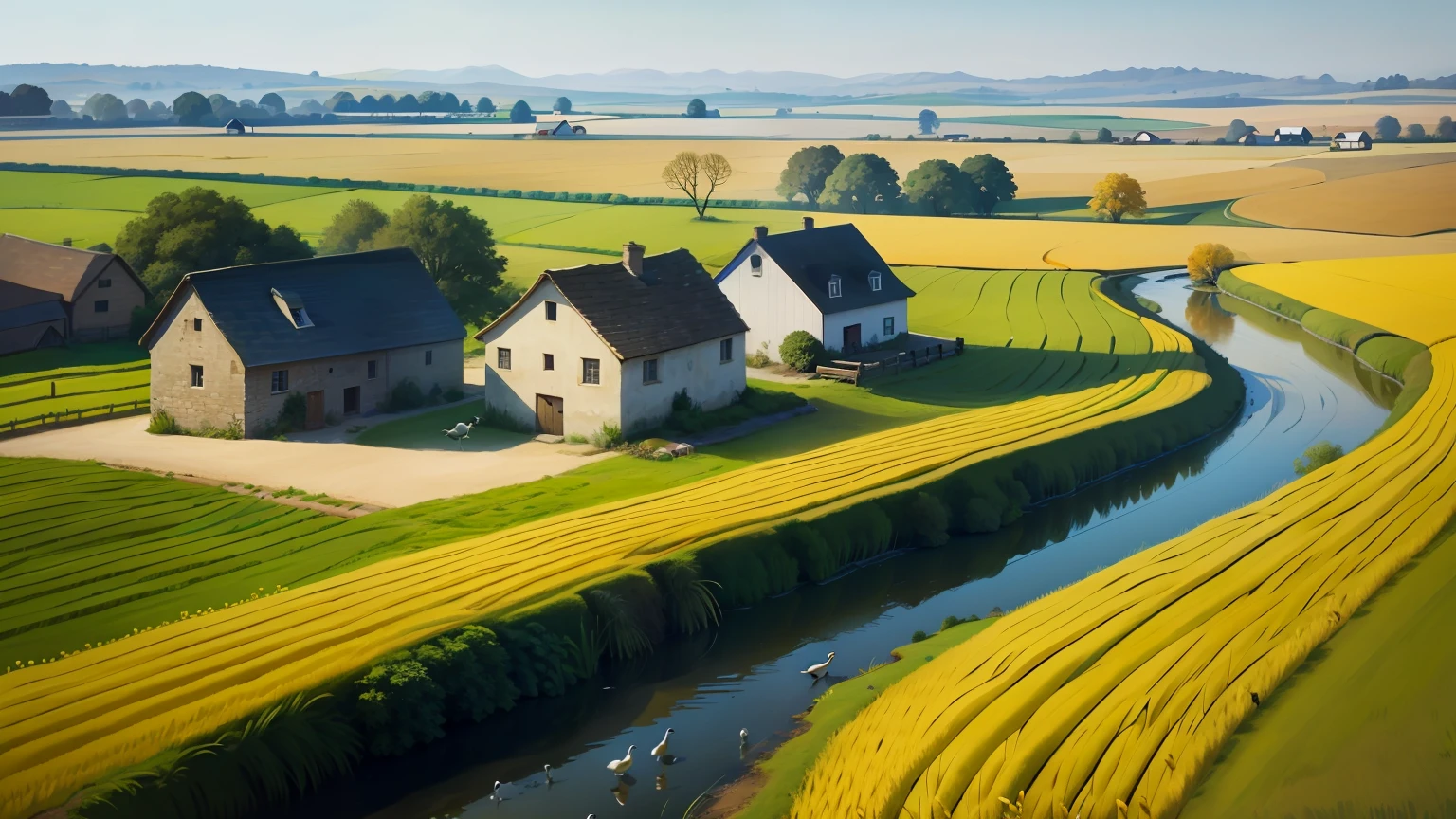 A small village，wheat field，a small stream，A flock of ducks，A cow，A farmer，