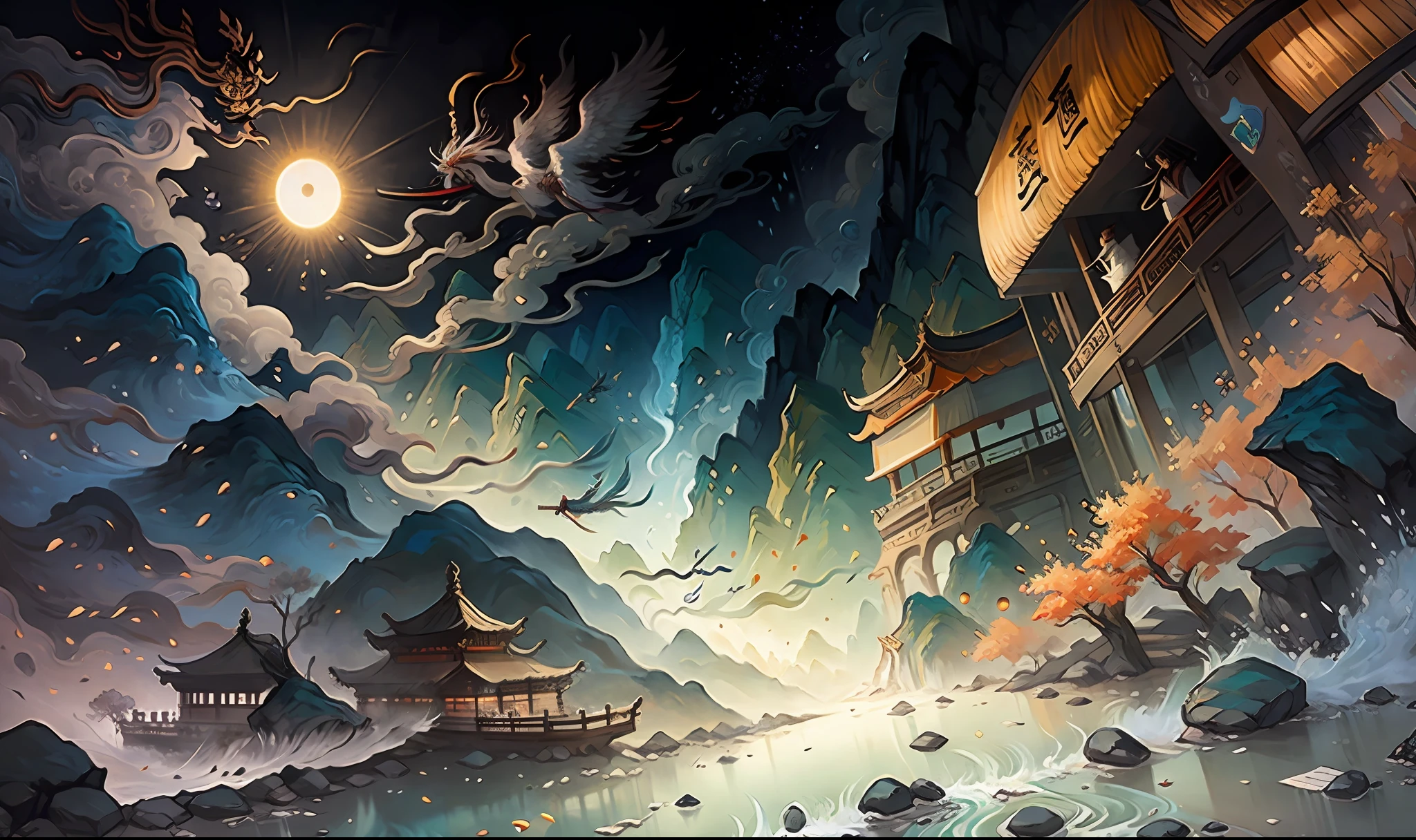 Ancient Chinese scenery, mountains, rivers, auspicious clouds, pavilions, sunshine, masterpieces, super detail, epic composition, Ultra HD, high quality, extremely detailed, official art, unified 8k wallpaper, Super detail, 32k -- v 6