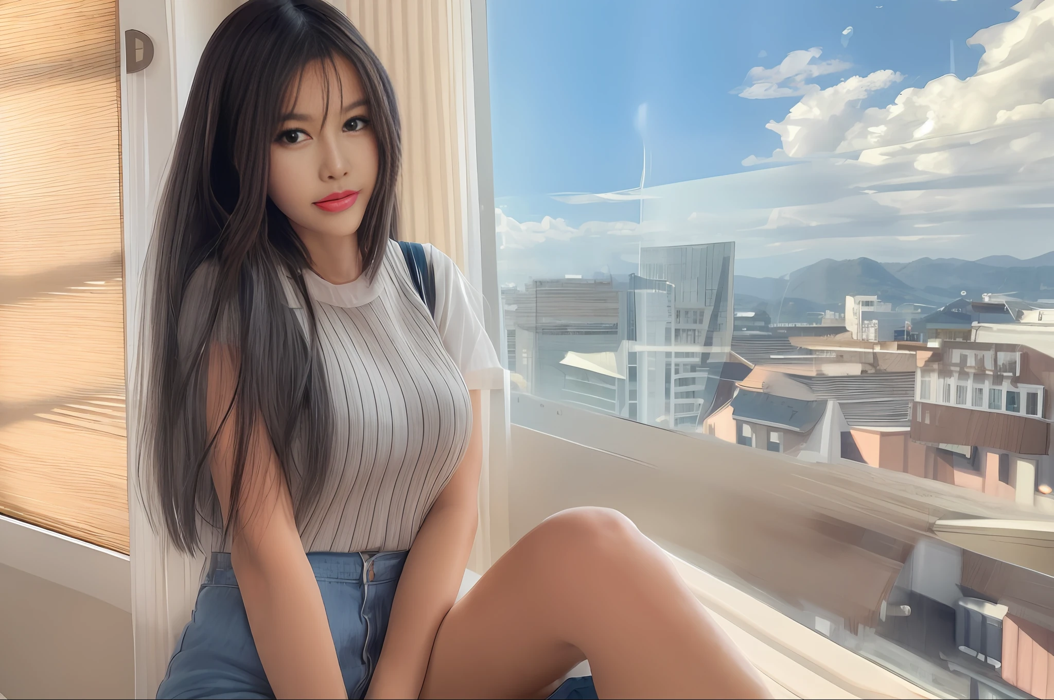 (((masterpiece))), best quality, ultra-detailed, extremely detailed CG unity 8k wallpaper, floating, dynamic pose, Asian female model sitting on the windowsill, wearing a gray shirt, a charming and inviting smile, attractive and friendly, beautiful black hair, warm and soft natural light, delicate and soft facial features, high resolution, blue sky and white clouds outside the window, a sense of leisure and relaxation, wide shot, watercolor.