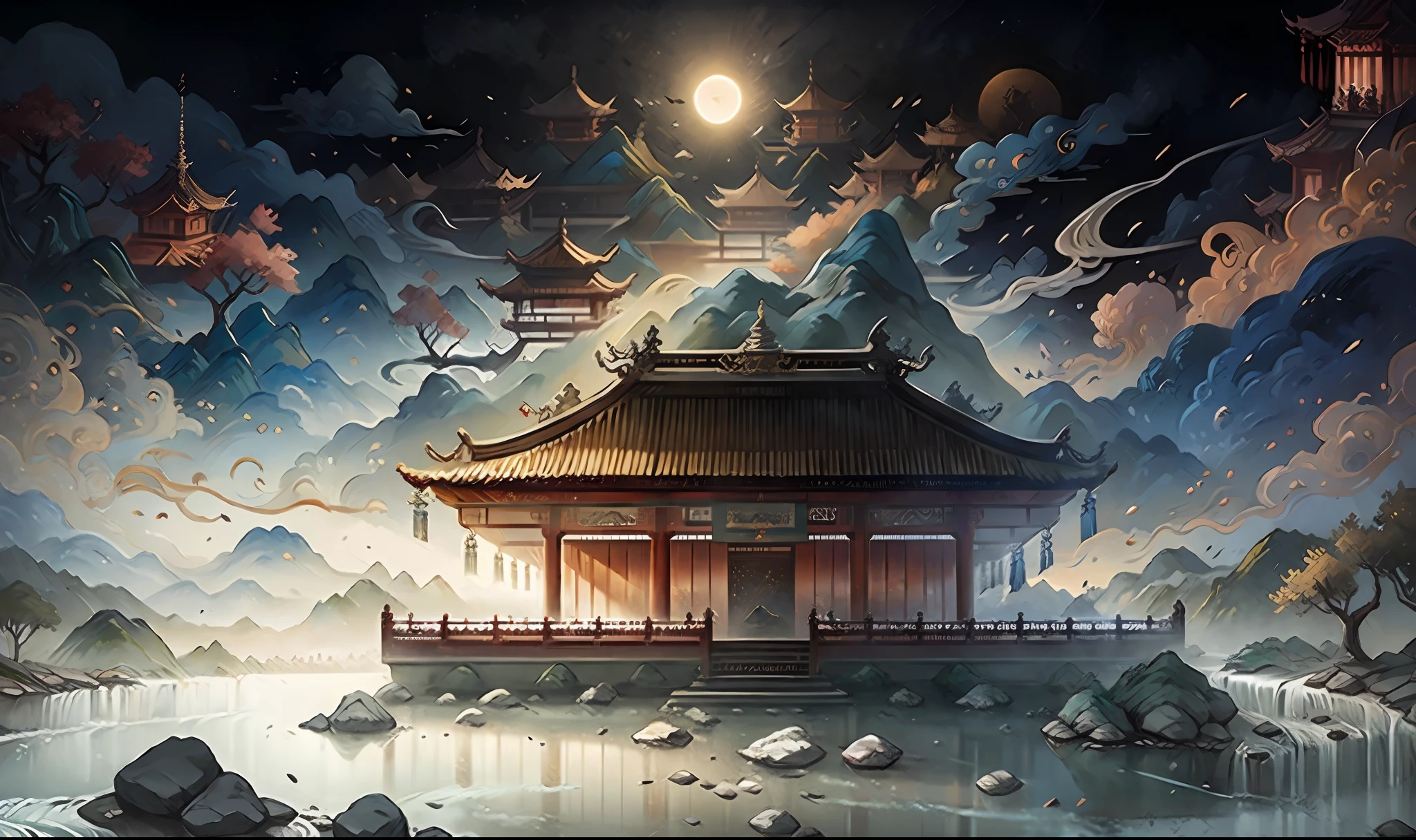 Ancient Chinese scenery, mountains, rivers, auspicious clouds, pavilions, sunshine, masterpieces, super detail, epic composition, Ultra HD, high quality, extremely detailed, official art, unified 8k wallpaper, Super detail, 32k -- v 6