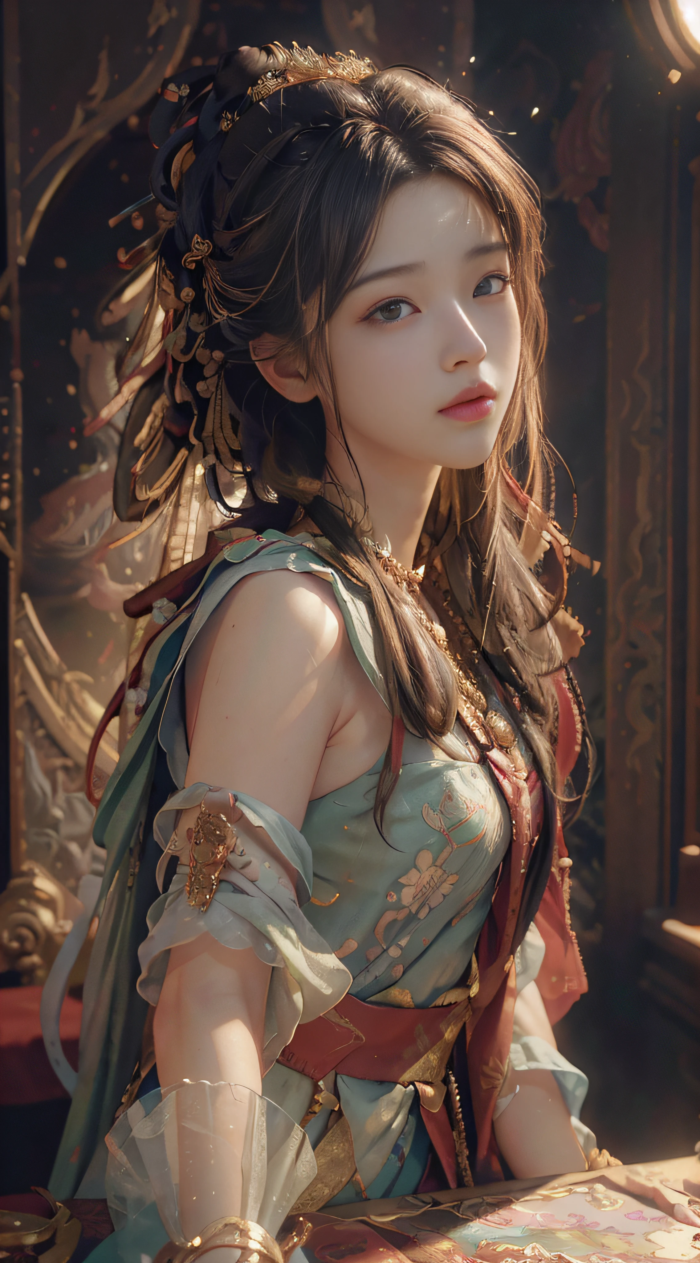 (RAW photo, best quality), (realistic, photo-realistic:1.3),best quality,highly detailed,masterpiece,ultra-detailed,illustration,1girl,upper_body,dynamic angle,world masterpiece theater,messy_long_hair,best quality,extremely detailed CG unity 8k wallpaper,ink,Amazing,cinematic lighting,lens_flare, dunhuang_style