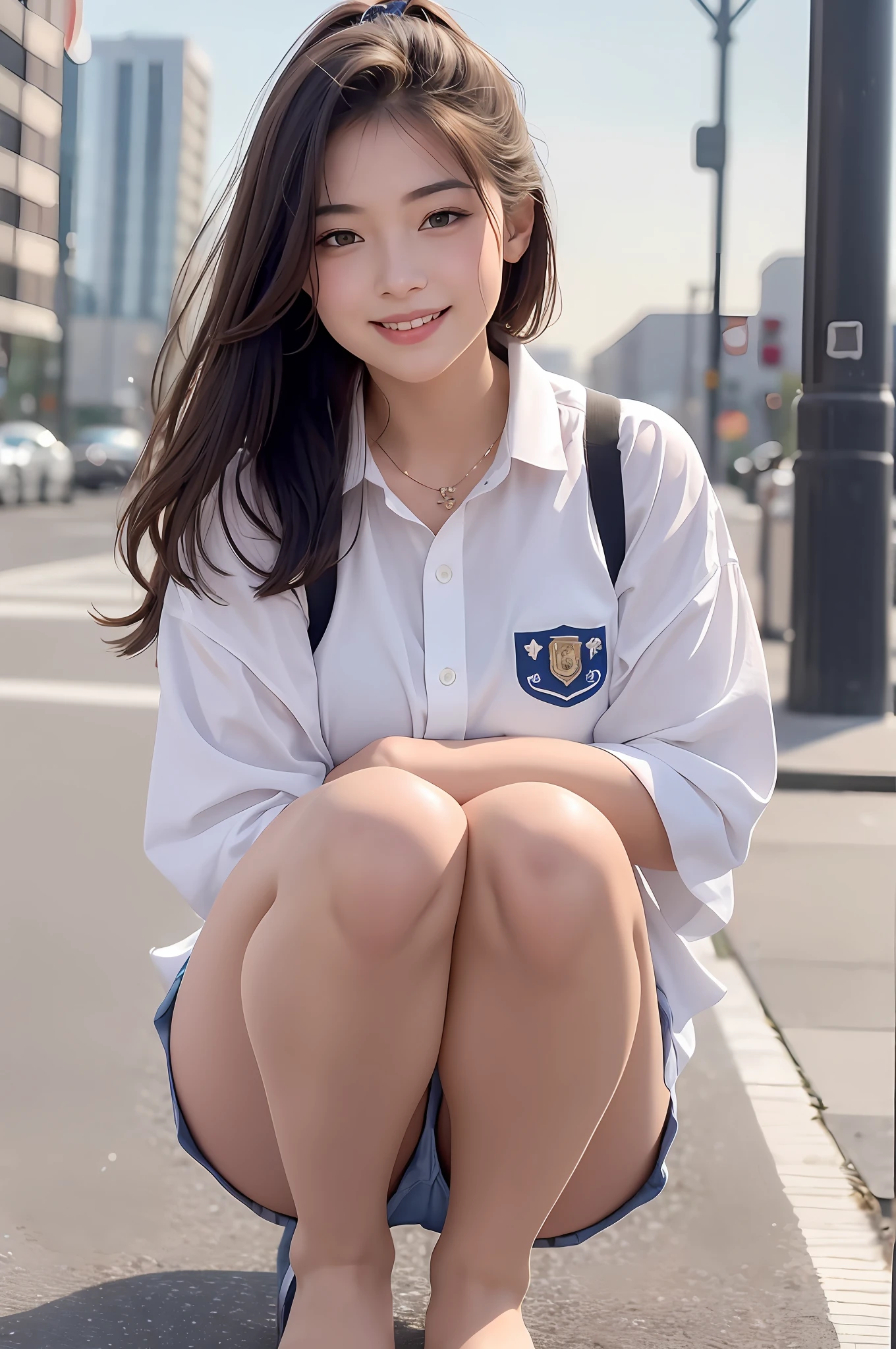 (8K), (Best Quality: 1.2), (Realistic), (Photorealistic: 1.37), Ultra High Definition, 1 Girl, Cute, Smile, Closed Mouth, Beautiful Details, Beautiful Nose, Full Body, Wet Hair, Colossal Dalsefo, Pork, School Uniform, Thighs