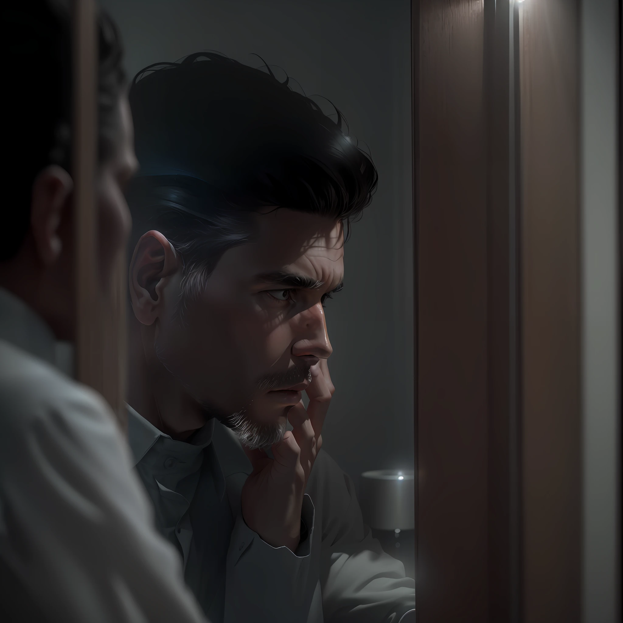 They are two men looking at each other in the mirror, olhar :: octan render, realistic face moody lighting, filme fotorrealista ainda, photo-realistic low lighting, Cinematic realistic portrait, renderizado em corona, filme ainda 8K, detailed cinematic render, 8k portrait render, Irritado com o espelho, photorealistic cinematic render, realistic soft lighting, realistic afternoon lighting