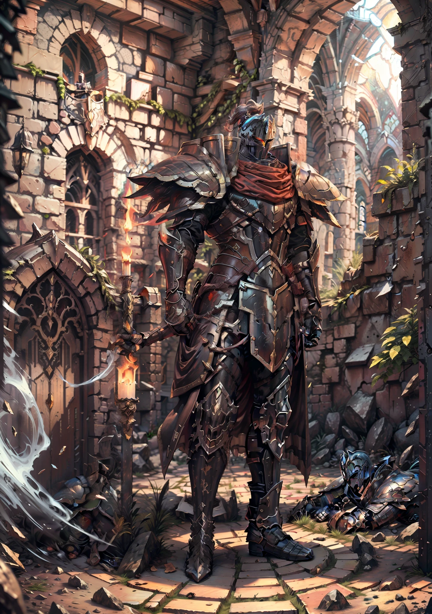 Best Quality, super detailed illustration, Rusty Knight, cracked armor, Rust, castle ruin, Heroic pose