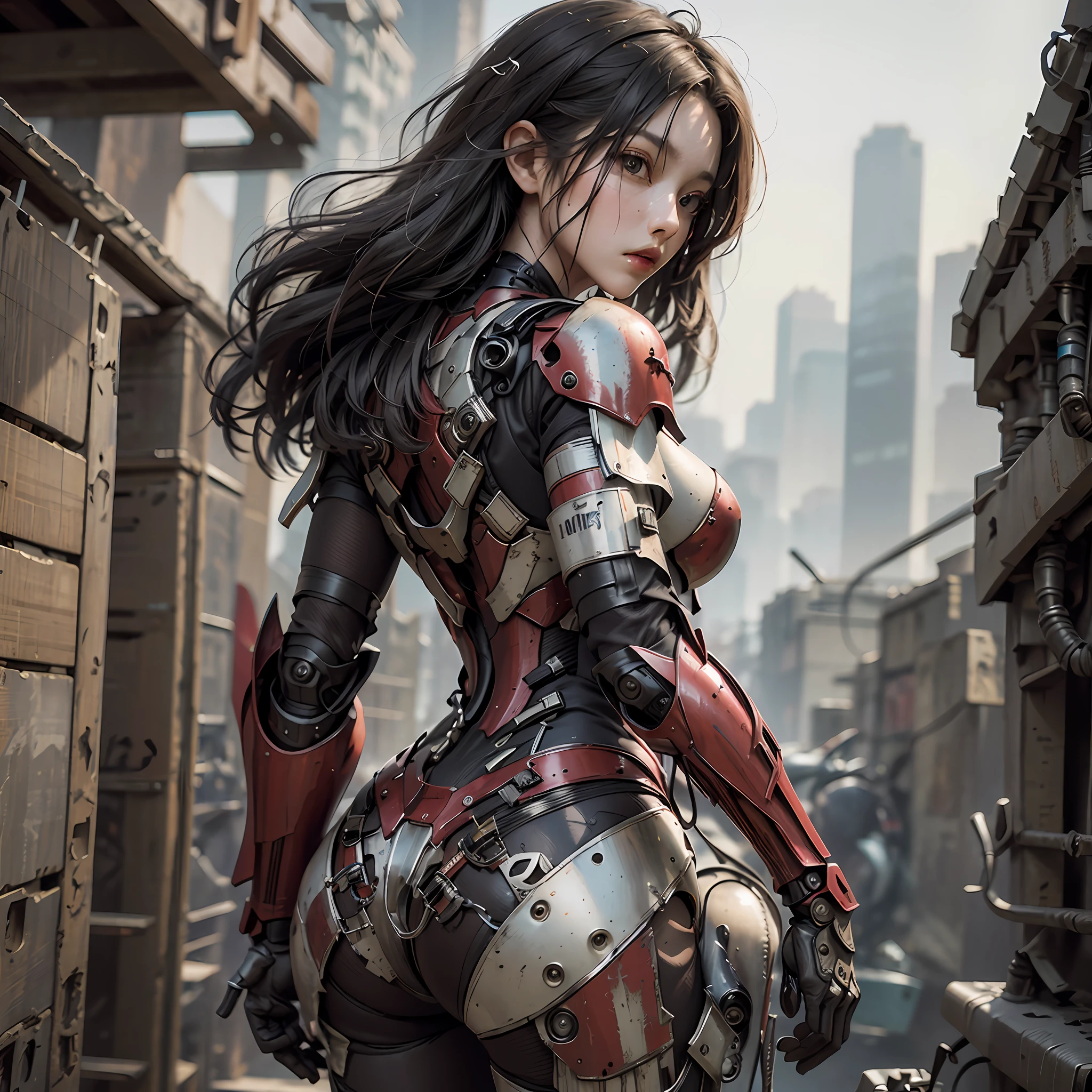 (Masterpiece), (Best quality), Photorealism, Realistic, Ultra detailed, Perfect face, Perfect body, 1girll, Beautiful girl, Girl in red armor, Mechanical armor, exoskeleton, Stand, Cool pose, Sexy, Watching from behind