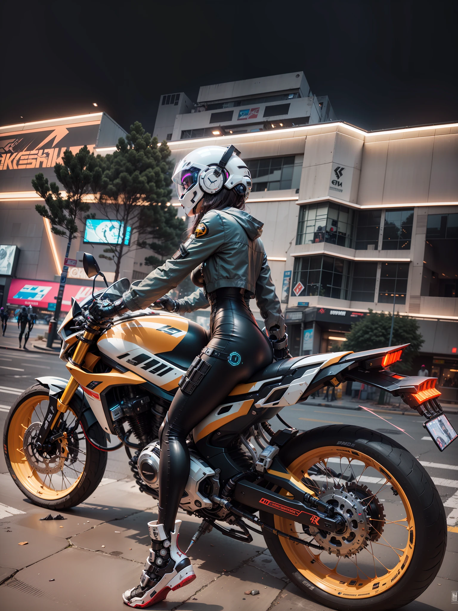 Sexy cyberpunk female warrior，White cyberpunk high-tech mech costume，White cyberpunk faceless helmet，Biomechanicals， MSHN Robot Woman，High-tech helmet，hyper realisitc， Steel， Complex design， insanely details， finely detailled， Extremely clear lines， cinmatic lighting， photograph realistic， A detailed masterpiece