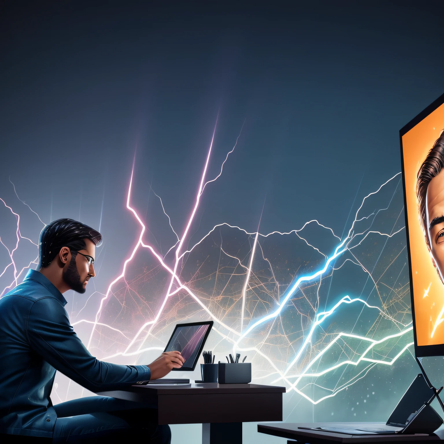 A man sitting in front of a computer, his face illuminated by the glow of the screen, a look of astonishment and excitement on his face, as a torrential downpour of money rains down around him, symbolizing his newfound wealth after uncovering a lucrative secret, Digital Art, using a combination of photorealistic rendering and digital painting to create a dynamic and captivating scene, --ar 16:9 --v 5 --auto