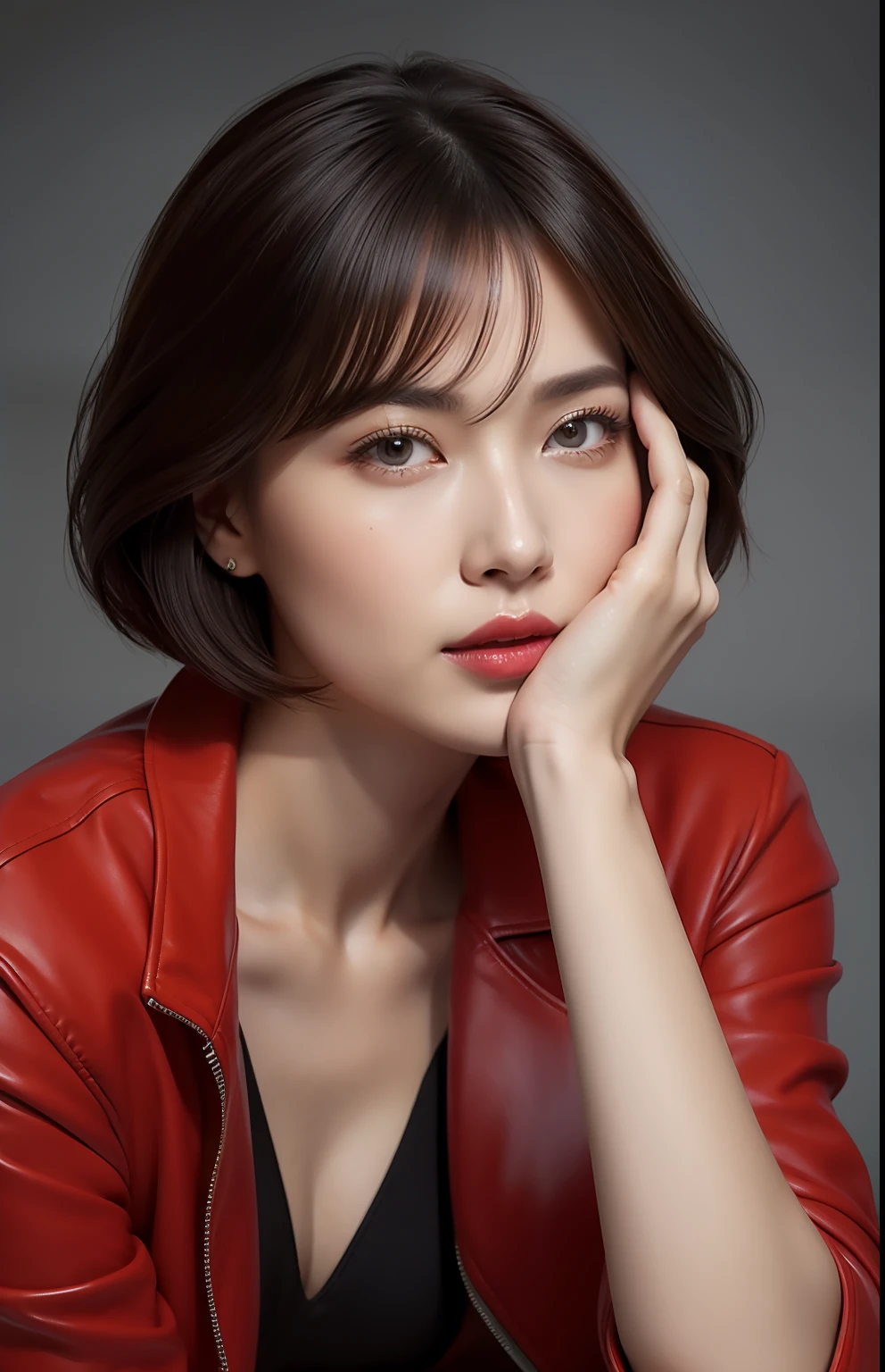 a close up portrait of a woman with high detailled face, Short cut hair and brown eyes and red lips, wearing an open jacket and very short miniskirt and high heels shoes, No_bra and small breast, Perfect, Sexy Pose, Sexy, NSFW, Convoluted, high detailing, Sharp Focus, photorealistic painting art by midjourney and greg rutkowski, Fine details, Best Quality, High-resolution full body pose)