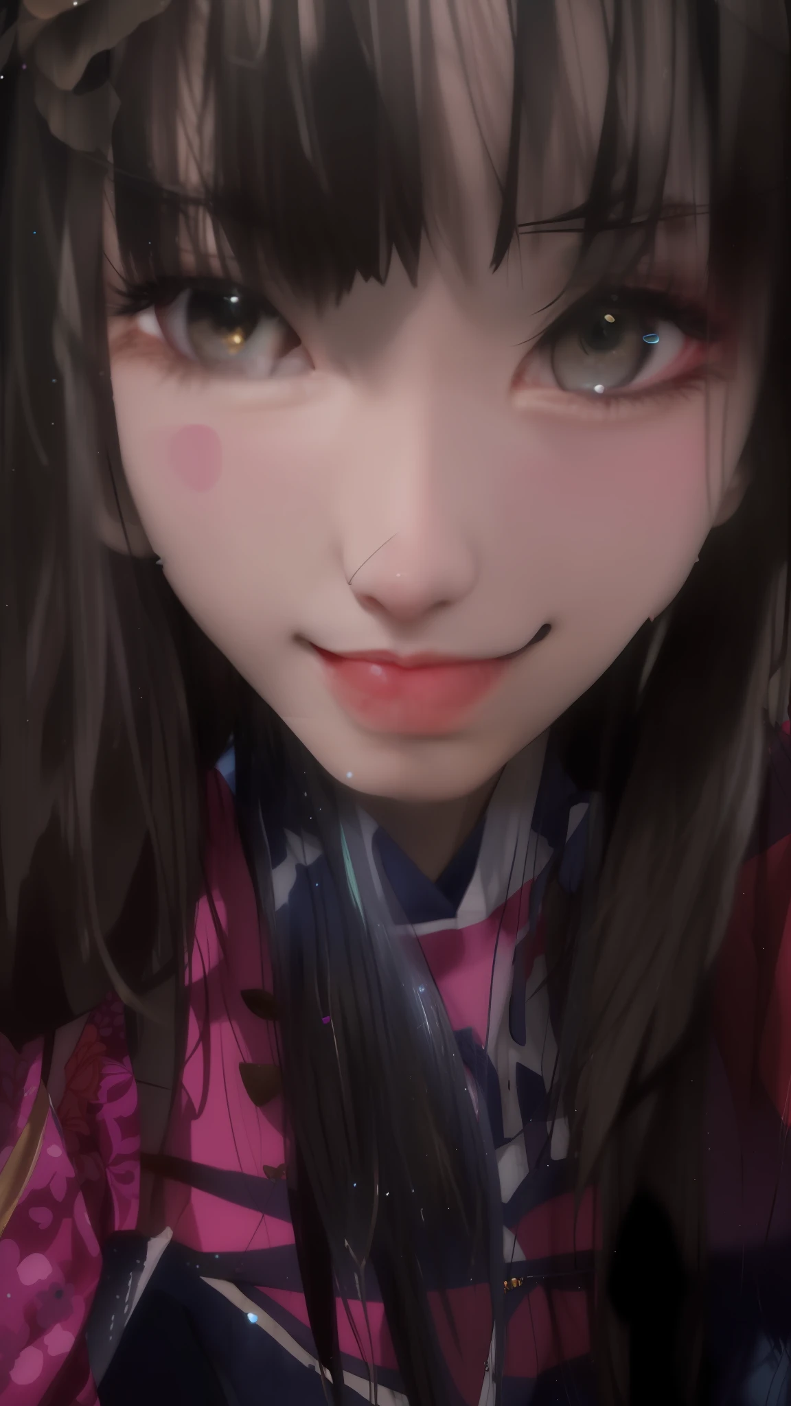 um close up de uma jovem com cabelos longos e uma blusa rosa, muito ligeiramente sorridente, coreana, leve sorriso bonito - fino - rosto, imagem de qualidade muito alta, 2 3 anos,