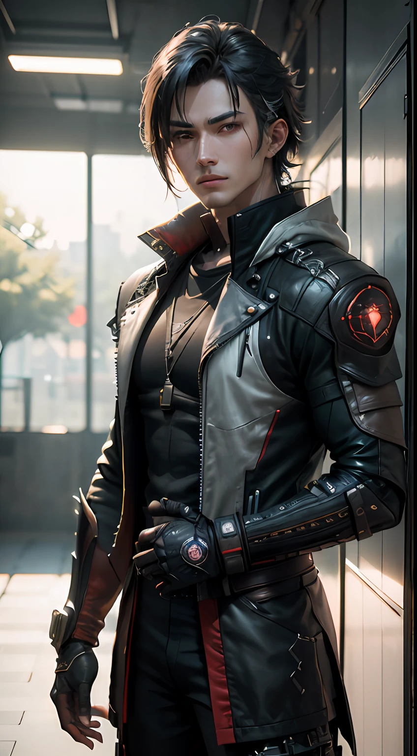 ((best qualtiy)), ((tmasterpiece)), (the detail:1.4), 3D, A handsome cyberpunk male image,HDR(HighDynamicRange),Samurai style,Ray traching,NVIDIA RTX,Super-Resolution,Unreal 5,Subsurface scattering、PBR Texture、post-proces、Anisotropy Filtering、depth of fields、maximum definition and sharpness、Many-Layer Textures、Albedo e mapas Speculares、Surface Coloring、Accurate simulation of light-material interactions、perfectly proportions、Octane Render、Two-colored light、largeaperture、Low ISO、White balance、the rule of thirds、8K RAW、