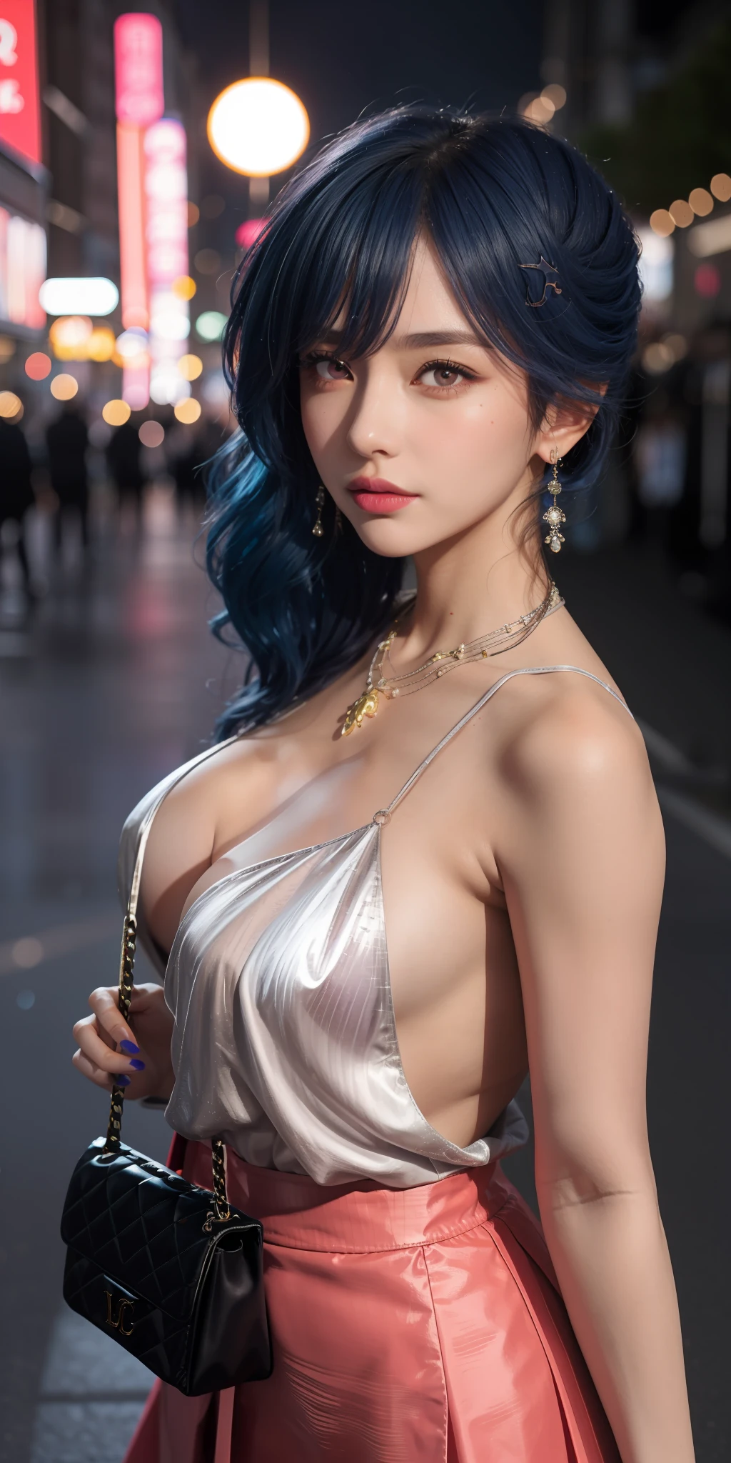 realisticlying，2girls，Blue hair，Purple eye，glowing light eyes，Cut the top，a skirt，parted lip，Be red in the face，the night，fresh flowers，suns，rays of sunshine，Holding a red iPhone，Beautiful and moving，Japan goddess，Take the pink female LV bag，Big Goddess，