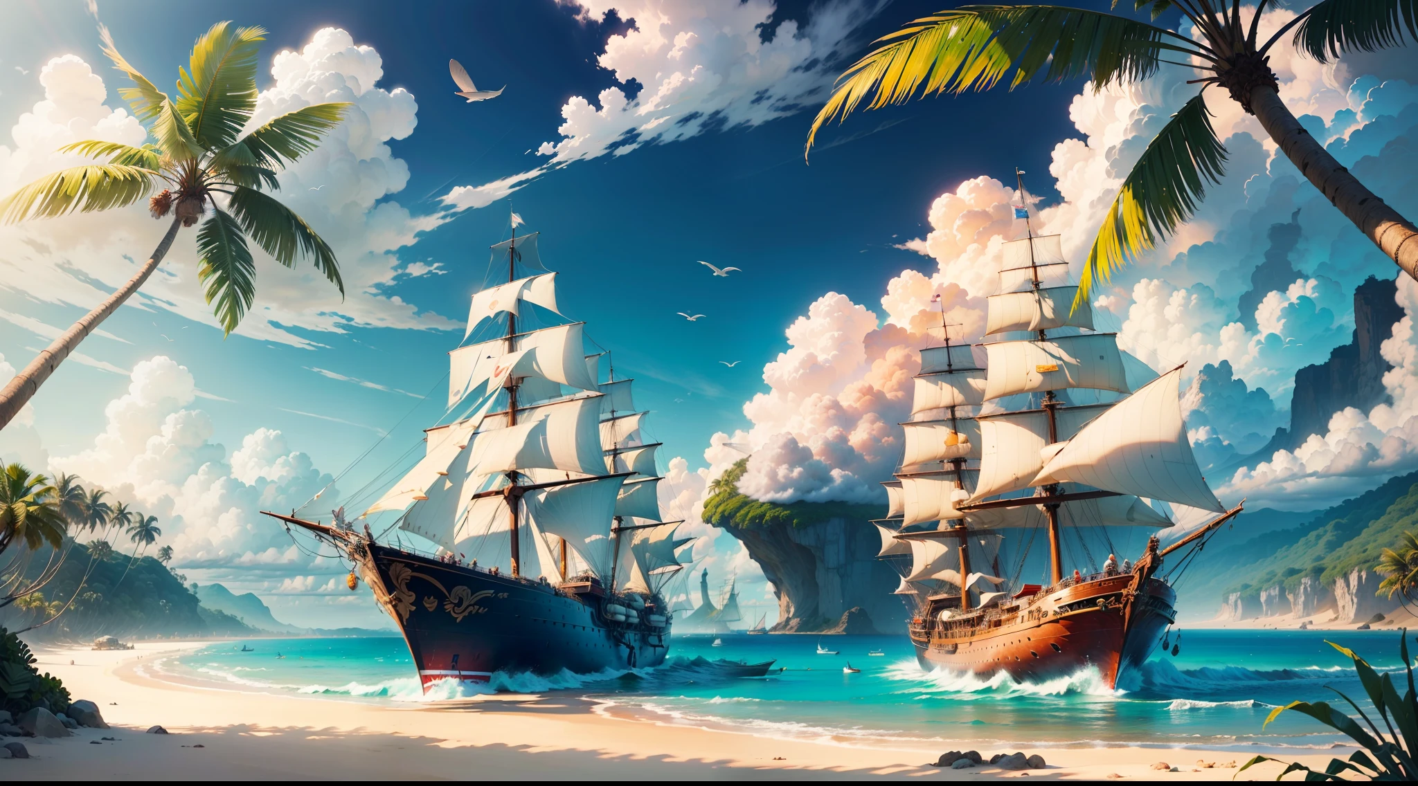 hd masterpiece, ((fantasy sailing ships)), (colorful clouds), ships far away in ocean, ((tropic islands with palms and jungle plants))