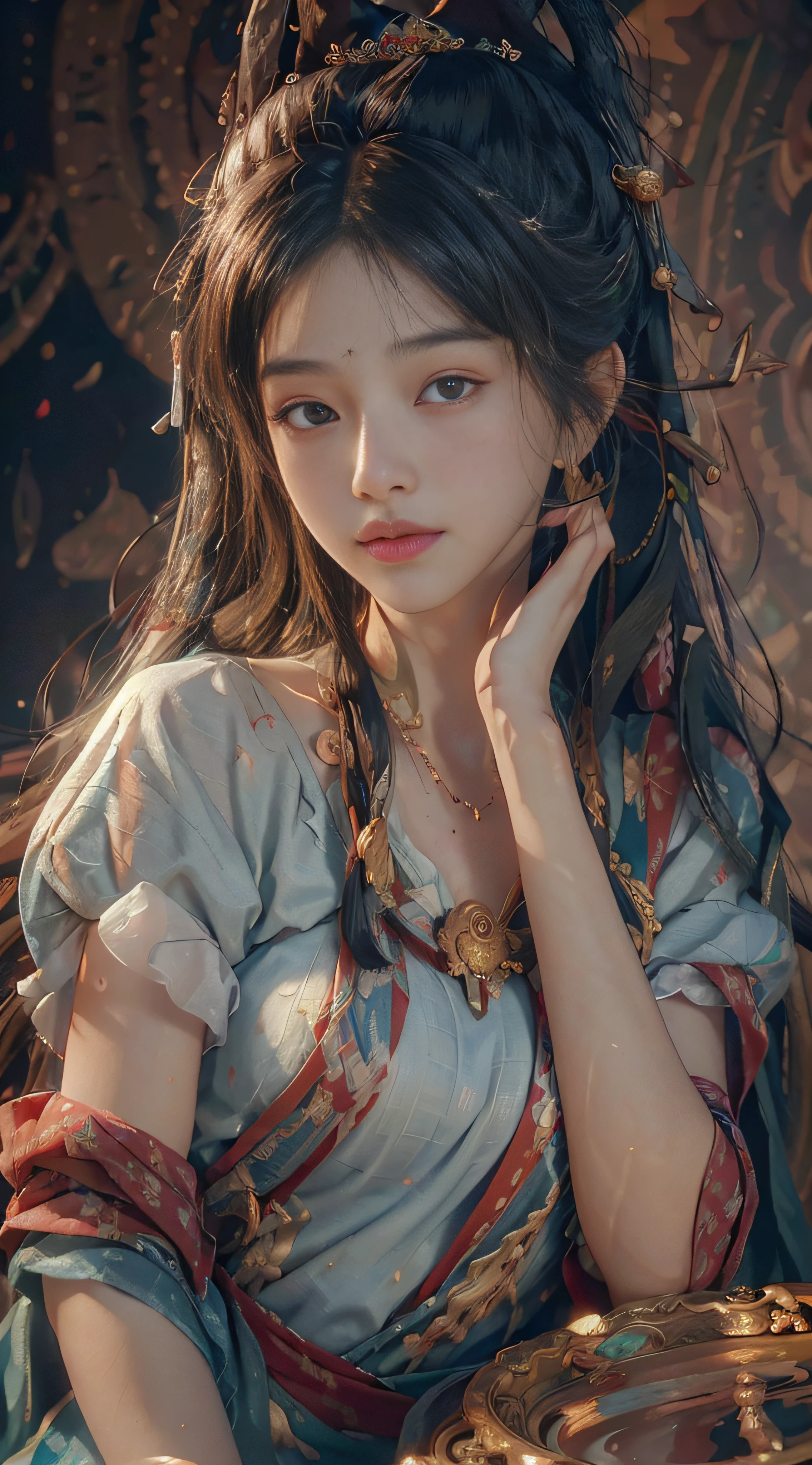 (RAW photo, best quality), (realistic, photo-realistic:1.3),best quality,highly detailed,masterpiece,ultra-detailed,illustration,1girl,upper_body,dynamic angle,world masterpiece theater,messy_long_hair,best quality,extremely detailed CG unity 8k wallpaper,ink,Amazing,cinematic lighting,lens_flare, dunhuang_style