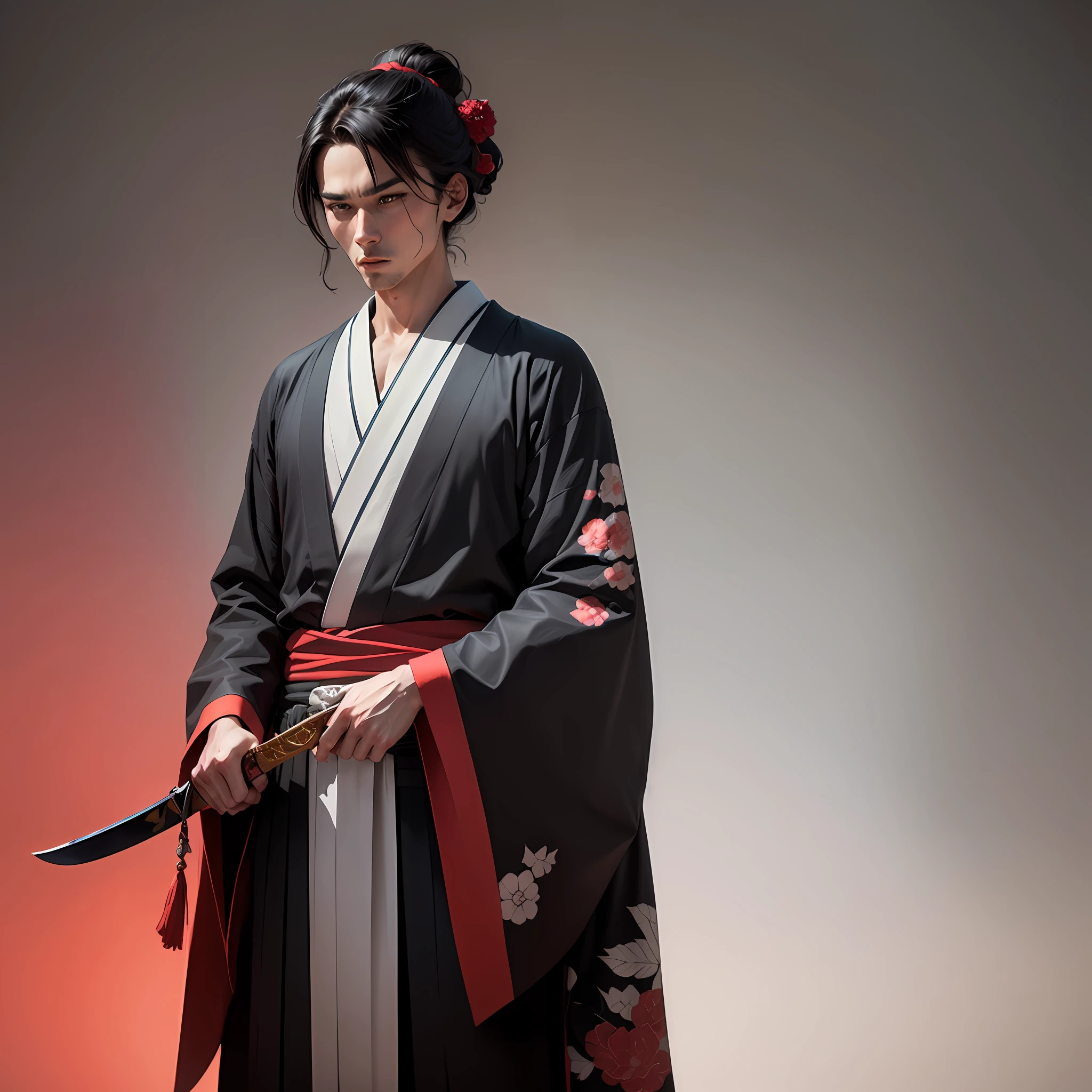 a drawing of a man in a kimono outfit holding a sword, clean lineart, clean anime outlines, sharp lineart, simple lineart, perfect lineart, intense line art, Inspired by Ryūkōsai Jokei, inspired by Kikuchi Yōsai, bold lineart, inspired by Tōshūsai Sharaku, thick lineart, with cool color pallete, black and red, 8k upscaled, realistic. --auto