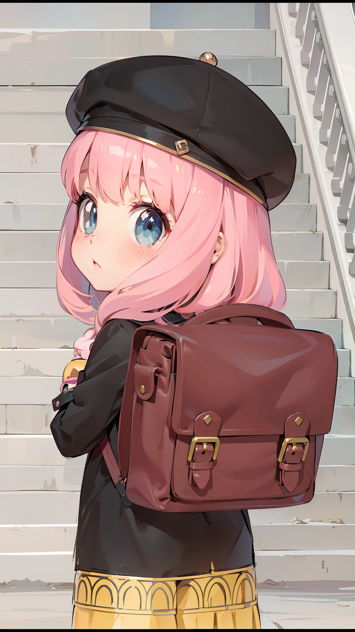 tmasterpiece，best qualityer，A pink-haired，Black hat，Loli cute  girl，adolable，Lori huge breasts cleavage，bit girl，Carrying a rucksack，Mu Hui，