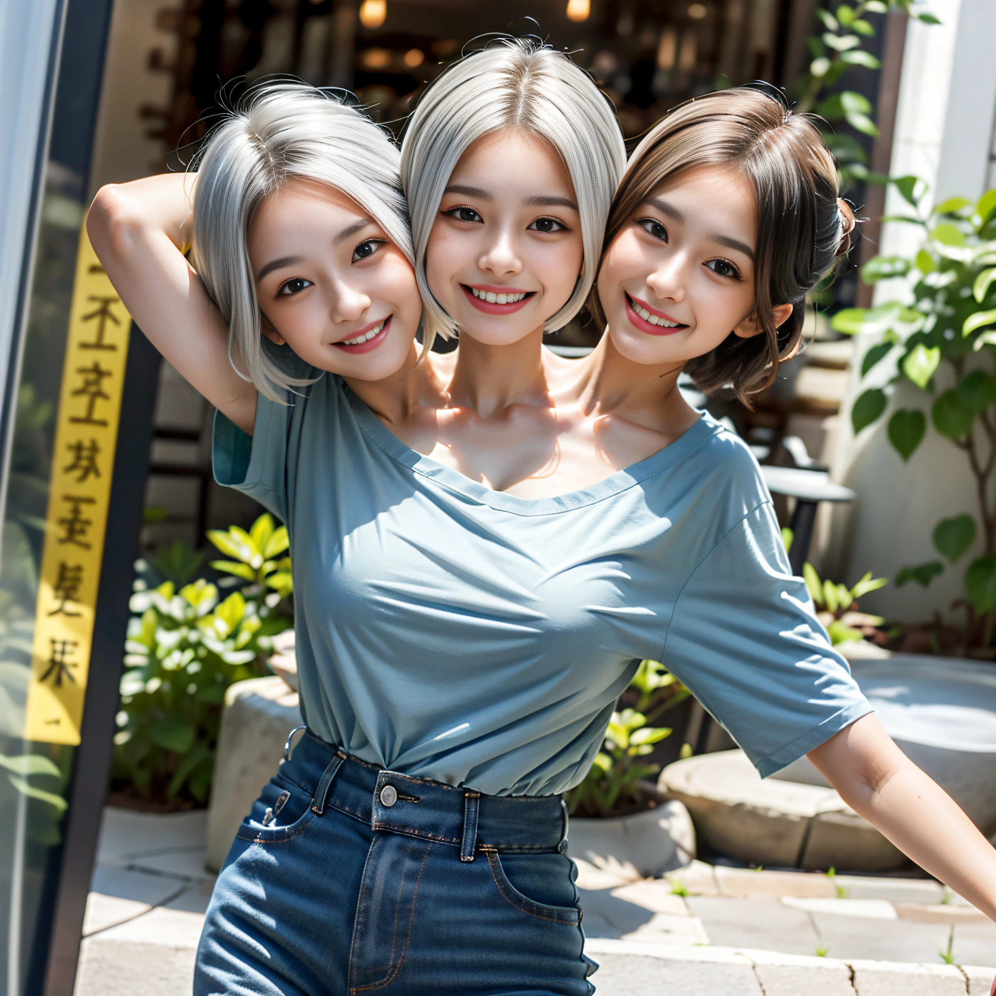 best quality, (2heads:1.5), white-haired girl with two heads , bobcut, ponytail, (different hairstyles:1.3) ,smiling, big t-shirt, (closeup), looking at viewer