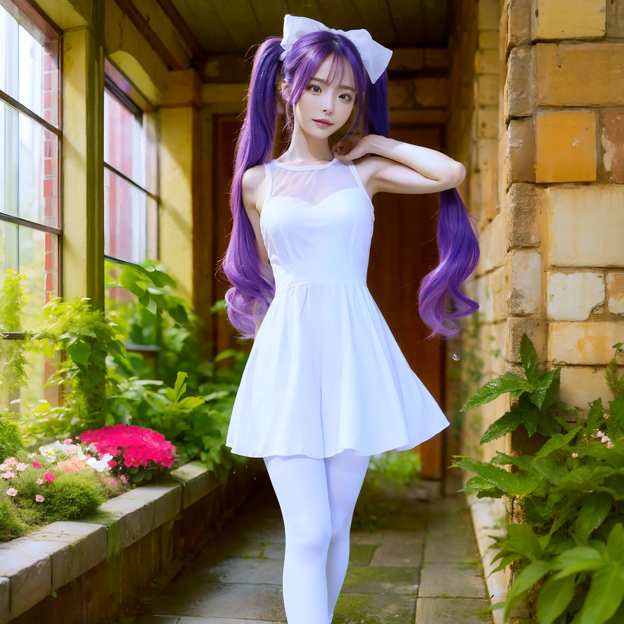 ((Best Quality, 8K, Masterpiece: 1.3)),{{masterpiece}},illustration,best quality,extremely detailed CG unity 8k wallpaper,1girl_solo,full_body,from_below,looking_at_viewer,looking_down,(white pantyhose:1.3),(no shoes:1.3),Purple hair,twintails,revealing dress,window,hair_ribbon,strong rim light,Gardens, flowers, rain, clothes splashed with water,