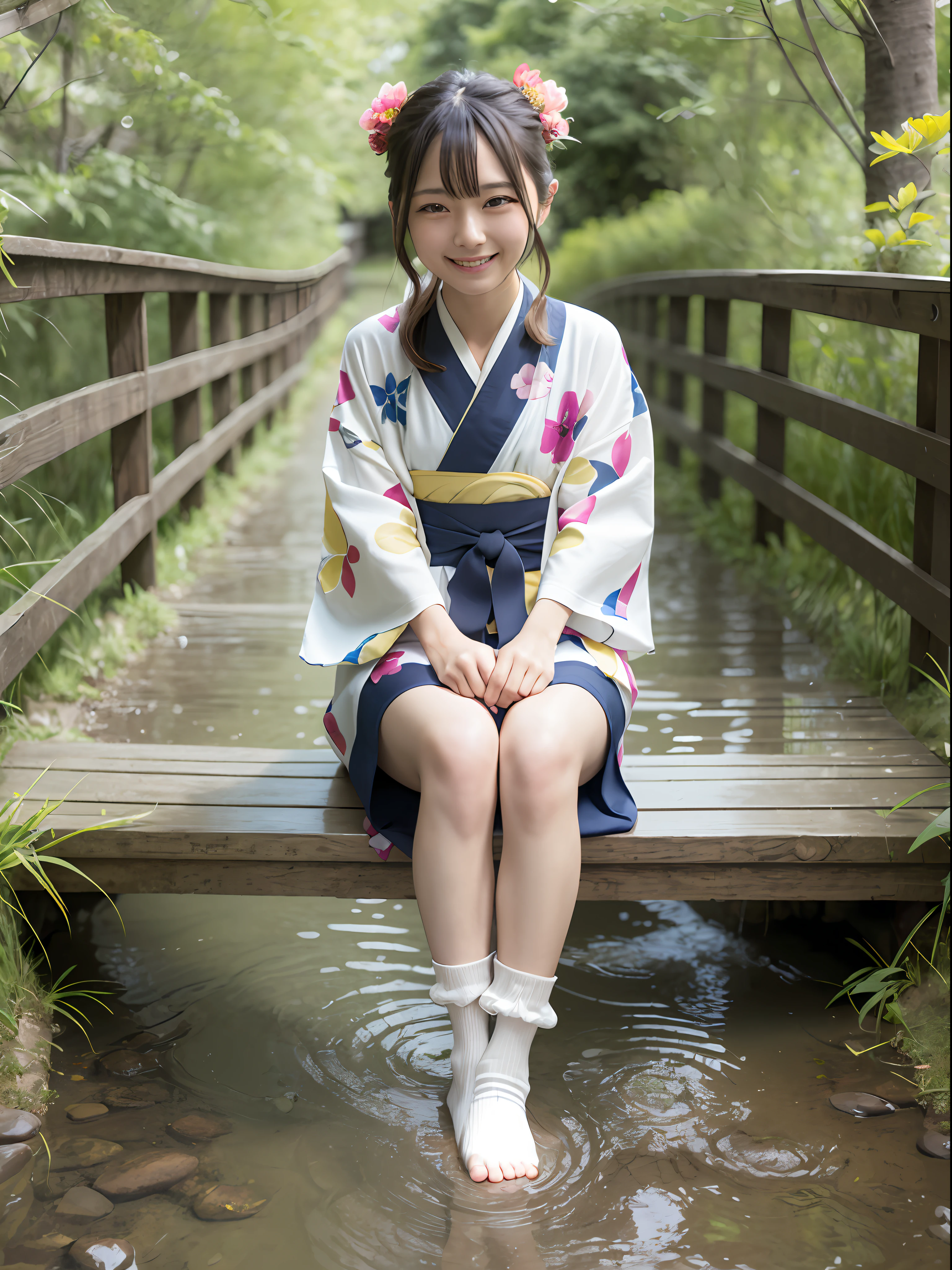 the Extremely Detailed CG Unity 8K Wallpapers、realisitic、Hands by Guido Daniele
kimono_Wearing clothes、Sitting on a wooden bridge、Sakuramon、print kimono、Stone brick road、Wet road、geta、2 toe socks、Ray Chase、Reflectors、Small Bag、Kimono with long shoulders、laurel、upper view、a smile、Live Action、realisitic、Happy smile