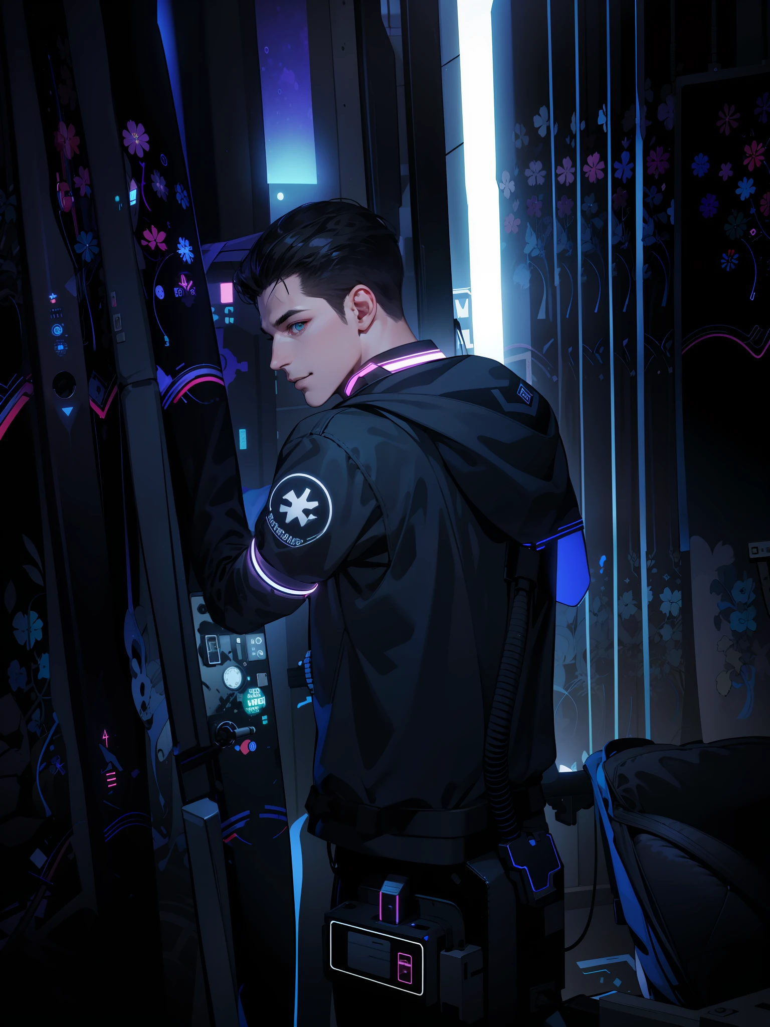 (absurdres, highres, ultra detailed), 1 male, mature, manly, tall muscular, handsome, finely detailed eyes, intricate details, portrait, looking at viewer, solo, half shot, detailed background, detailed face, (1980s synthwave theme:1.1) high-tech futuristic hacker, smirk, advanced technology, hoodie, techwear, wearable device, keycard, cables, (holographic display:1.05), computer, password, control panel in background, blue lights, dark sinister atmosphere, shadows,
