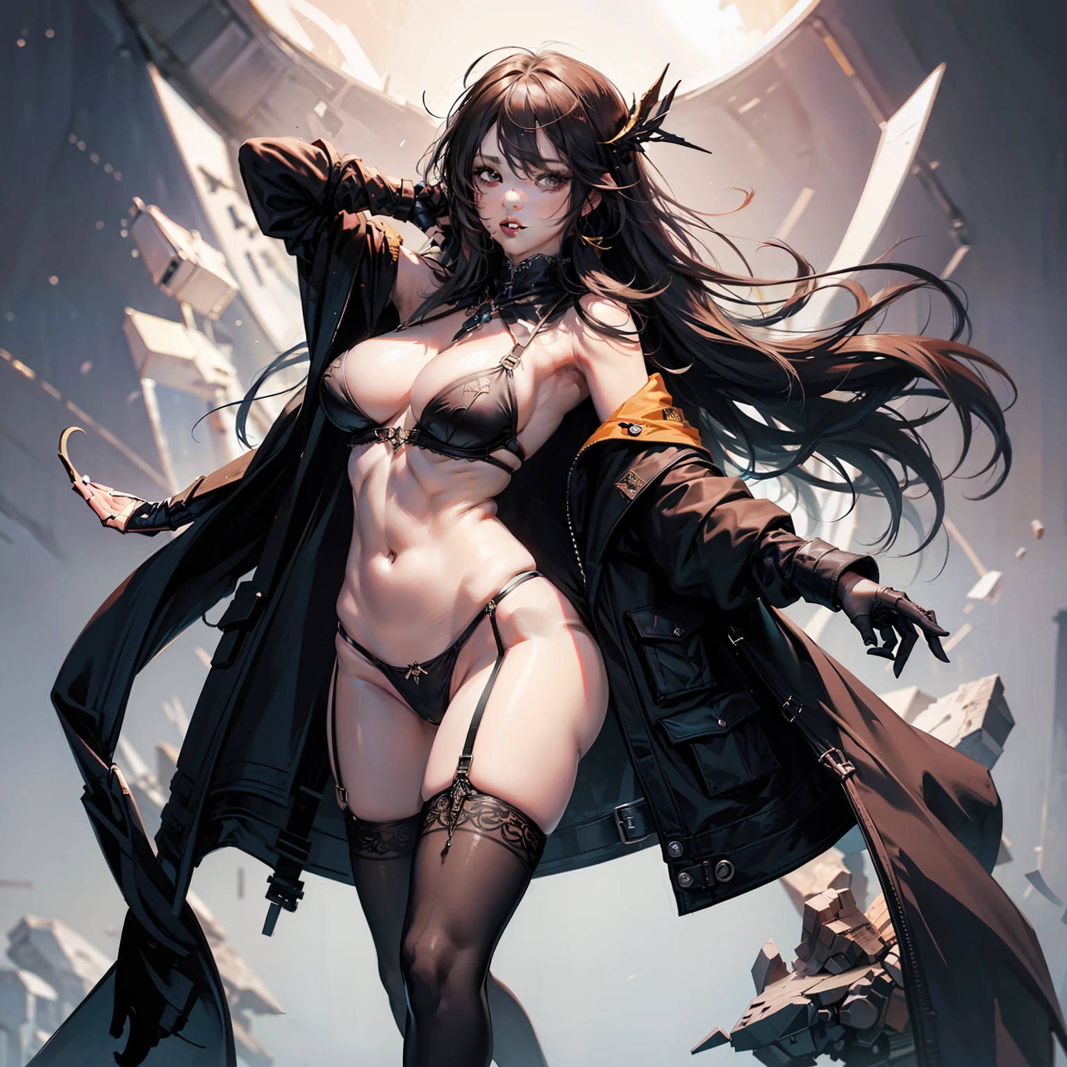Short flowing hair，Black stockings strangle，Anatomically correct，Normal proportions，Clear bra and panties，Young Korean beauty，Naked，opening legs，black lence stockings，Butt to the camera，seductiv，Naked，Raised sexy，with a good figure，The proportions are normal，plumw，Textured skin，white skin color，messy hair style，high qulity，Need，tmasterpiece，Cleavage is seductive，Beautiful facial features，s delicate face