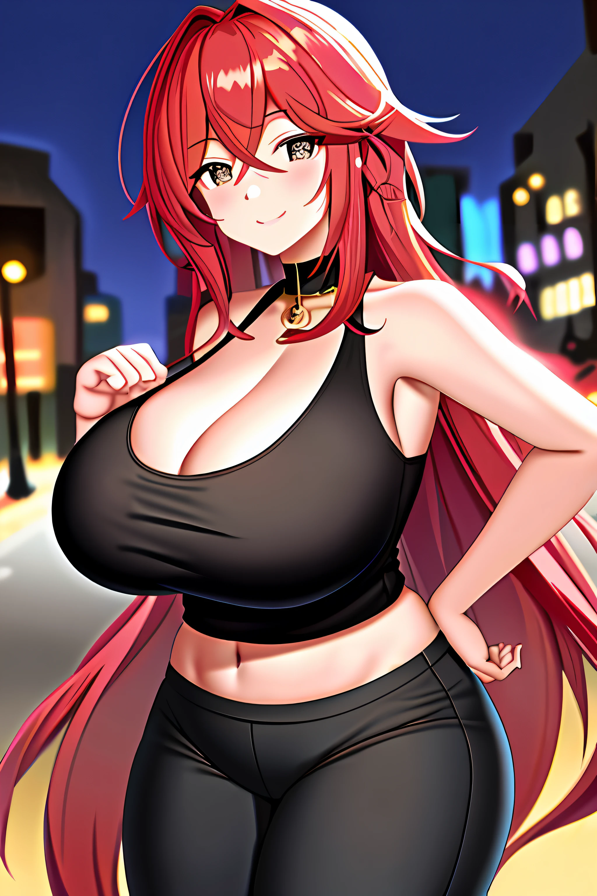 (Background with:Under the street lights at night),tmasterpiece,(expressioness:Affectionate smile), 1girll, a mature female, Best quality at best, (:0.2), (gigantic cleavage breasts:1.0), largeeyes, (curves:0.8), Caustics,Long crimson hair hung loosely, red color eyes, Short black vest, red-skinny pants,Reveals strong abs,A sexy pose