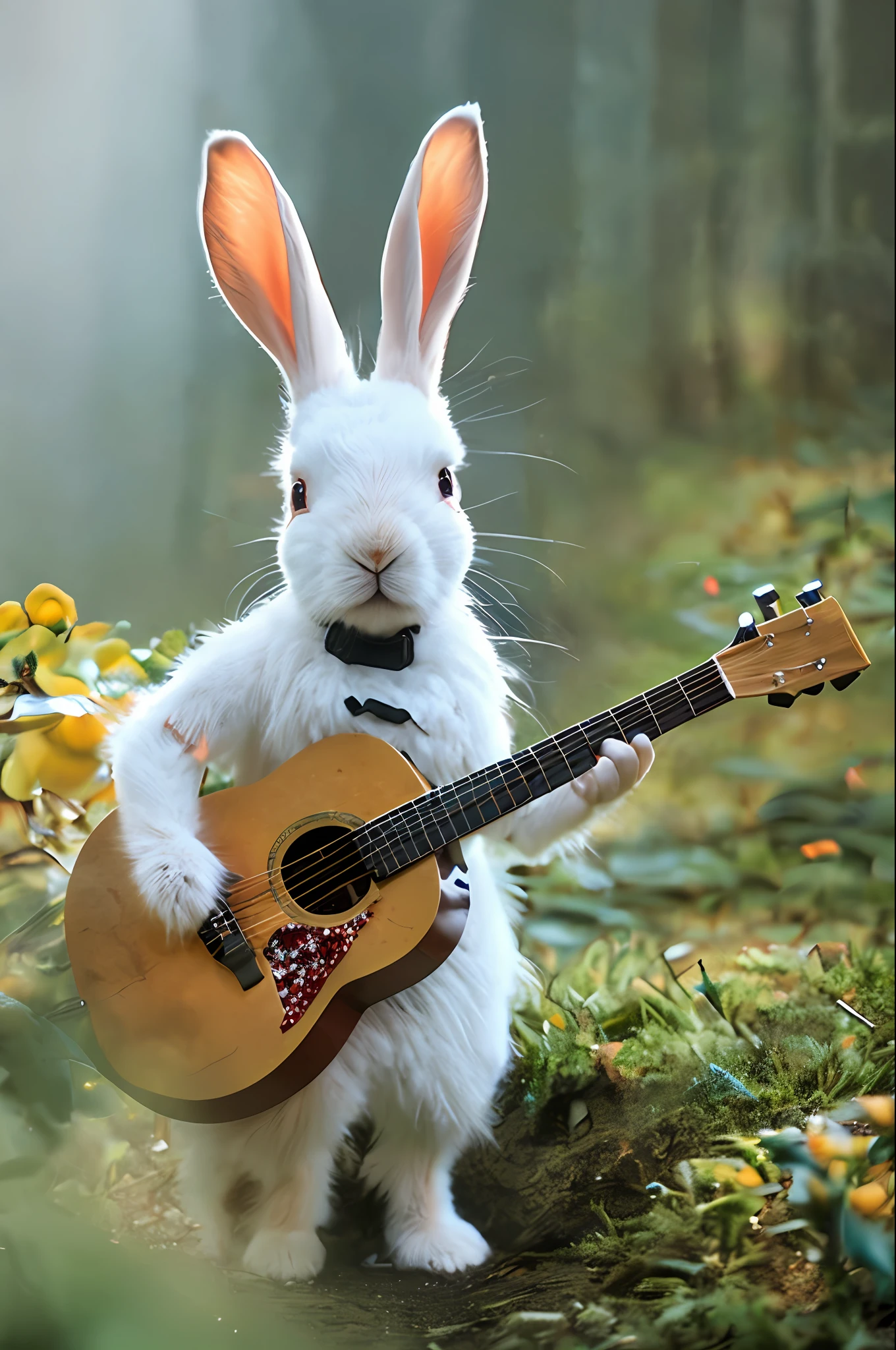 Classic negative portrait photo，Fantasy video game character concept art，A cute white fluffy rabbit，Carrying a guitar on his back，Watch the map and hike through the forest，dungeons and dragons，fantasy，rios，haze，Halo，blooms，Dramatic atmosphere，Dark fantasy films of the 1970s，at centre，the rule of thirds