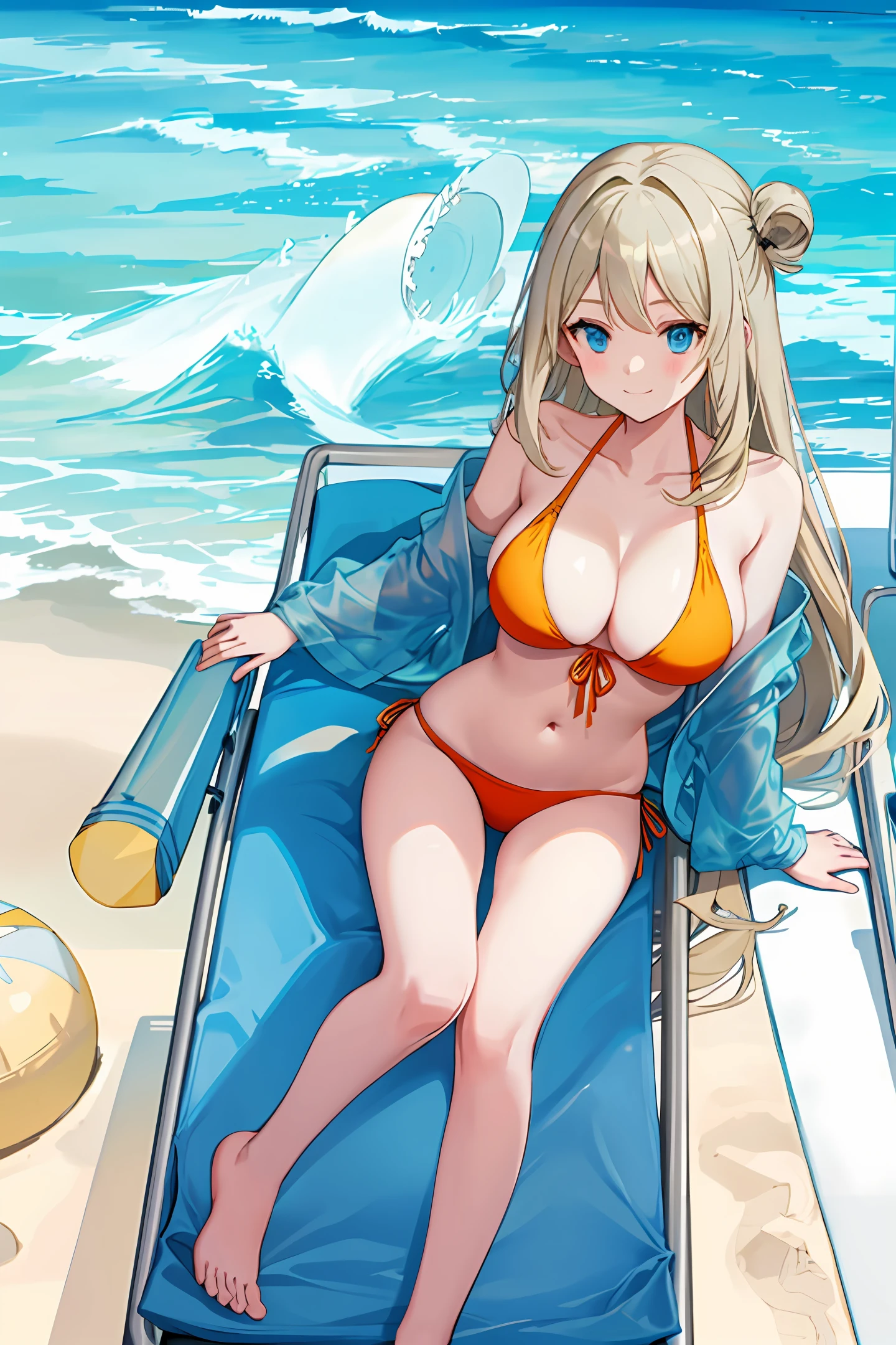 Beach lounger, sea girl, swimsuit, big breasts, blonde hair, blue eyes