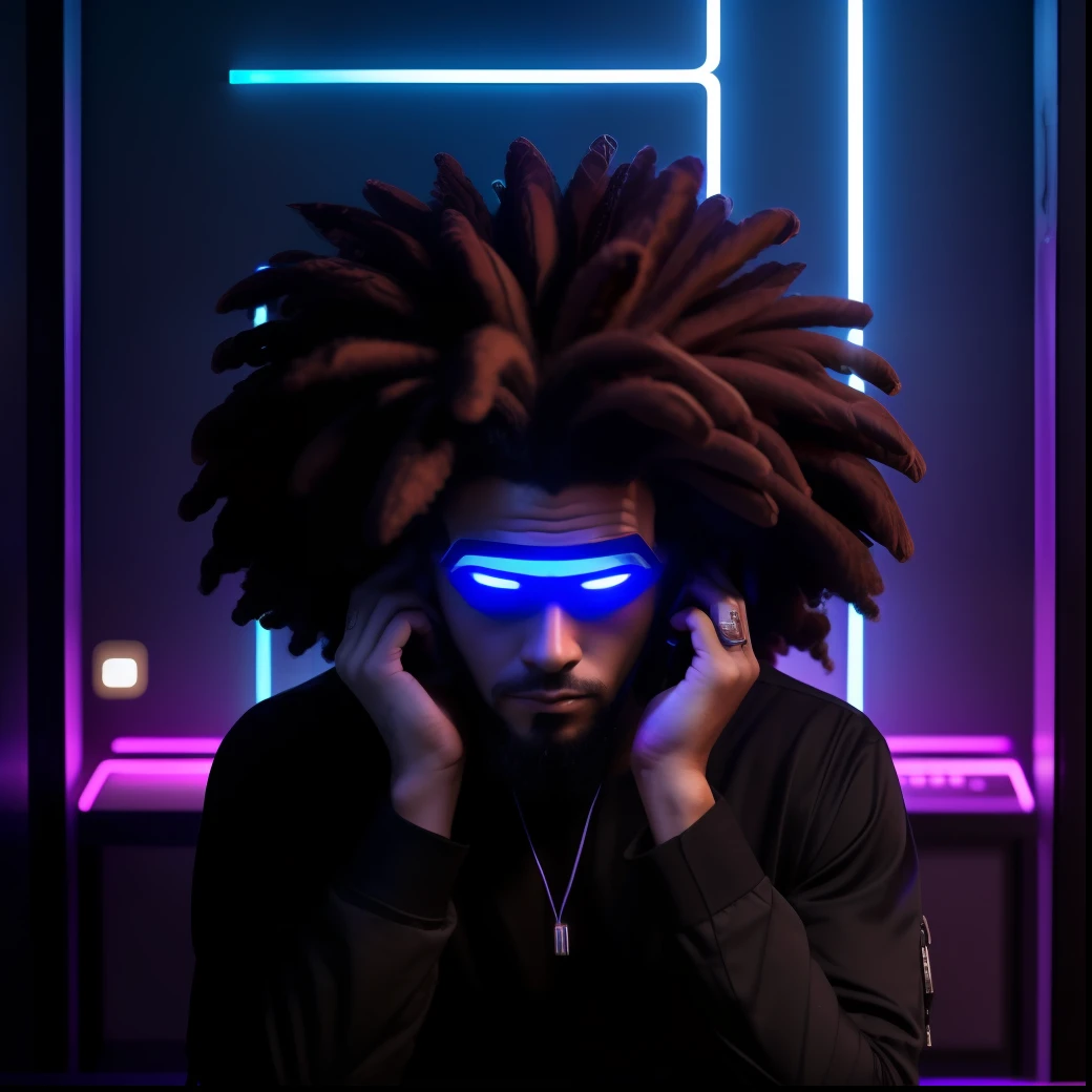 Um homem hacker negro e barbado com cabelos dreads com o rosto meio obscuro sentado diante de um computador ultra-realista e extremamente detalhado, emitting a faintly purple and blue light in a futuristic cyberpunk-themed room. (Um hacker afro em frente a um ultra-realista e extremamente detalhado computador, emits purple and blue light in a futuristic cyberpunk-themed room with a sinister and mysterious mood