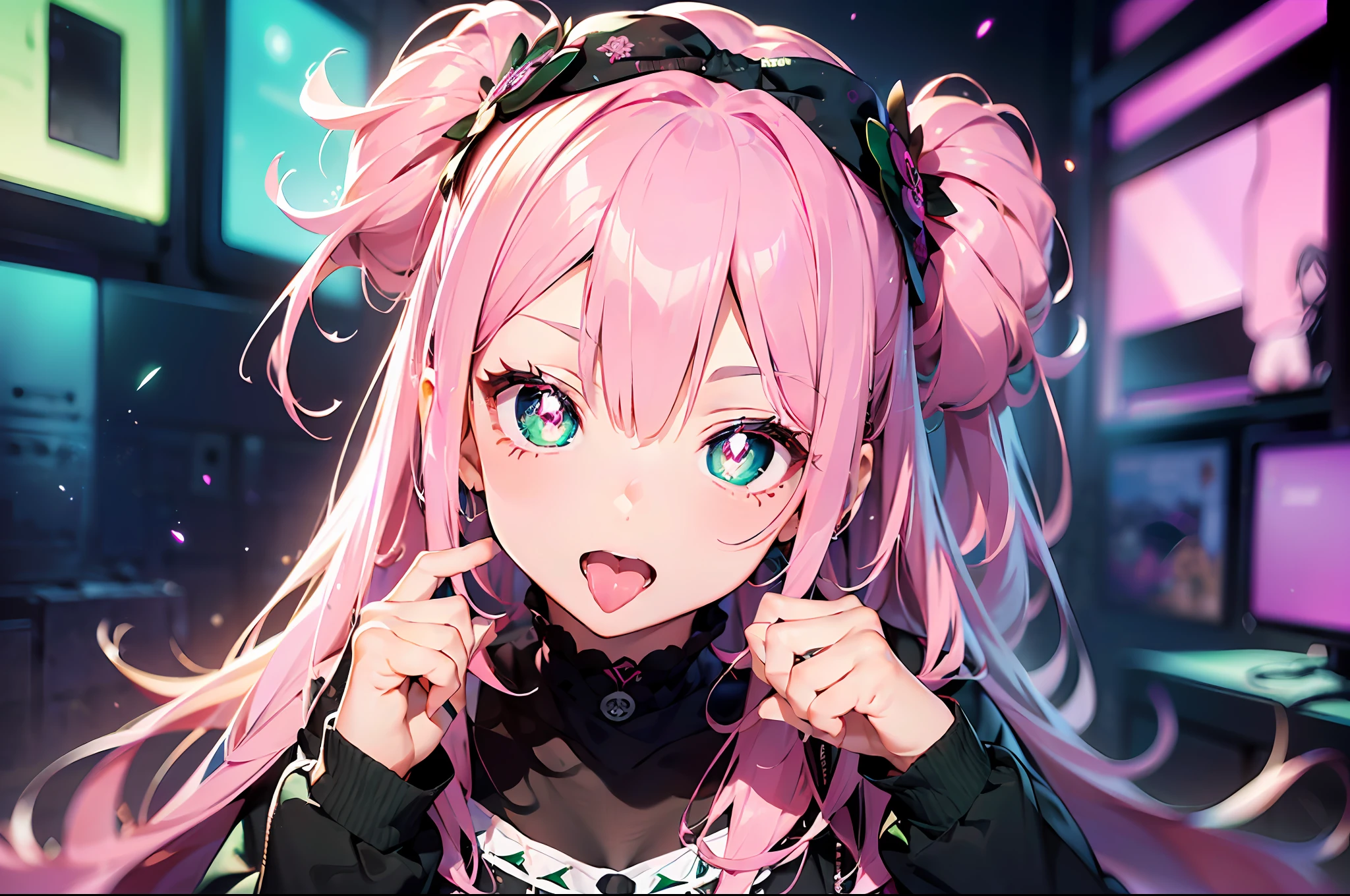 (Stick out your tongue)(index finger on cheek)(((masutepiece))),((ultra-detailliert,Best Quality)),((Pink hair, Long hair,Straight hair,two side up)) (Green eyes),eyeshadows, eye line,gloweyes, ultradetailed eyes, intricate eyes, Beautiful eyes, ((Glowing pink pupils))18-year-old girl.Anna Sui.