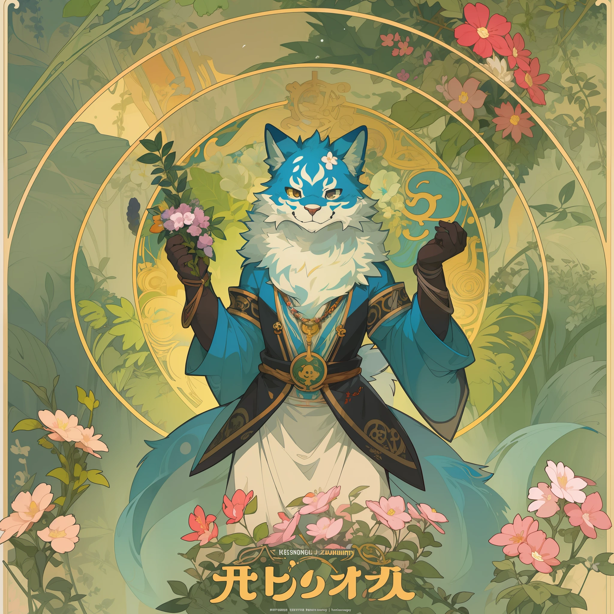 top quality, best quality, poster, rzminjourney, vector-art, High-quality illustrations by Alfons Mucha, masterpiece(kemono, furry anthro)logo mark, round, colorful ink splash flower,