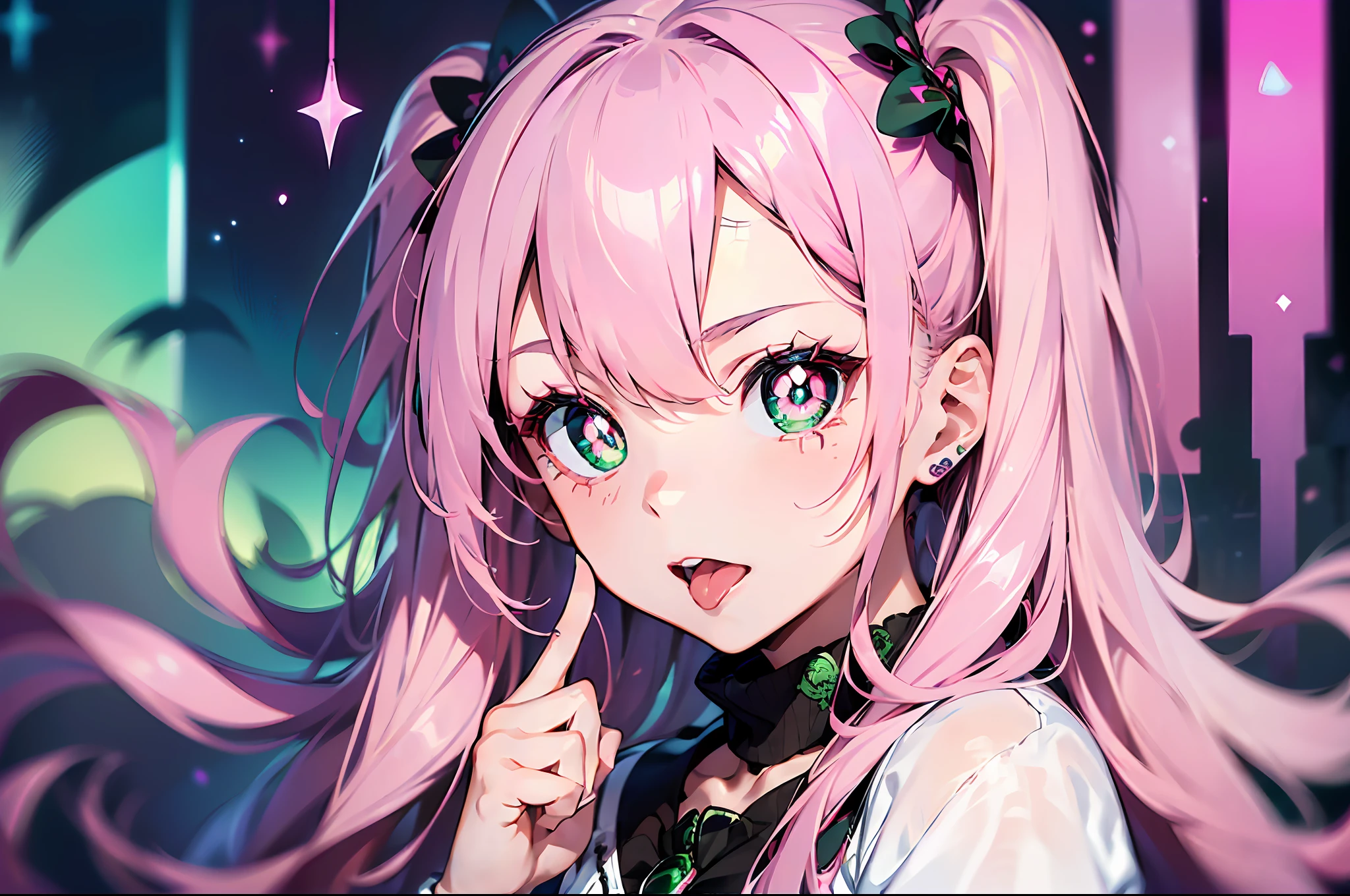 (Stick out your tongue)(index finger on cheek)(((masutepiece))),((ultra-detailliert,Best Quality)),((Pink hair, Long hair,Straight hair,two side up)) (Green eyes),eyeshadows, eye line,gloweyes, ultradetailed eyes, intricate eyes, Beautiful eyes, ((Glowing pink pupils))18-year-old girl.Anna Sui.