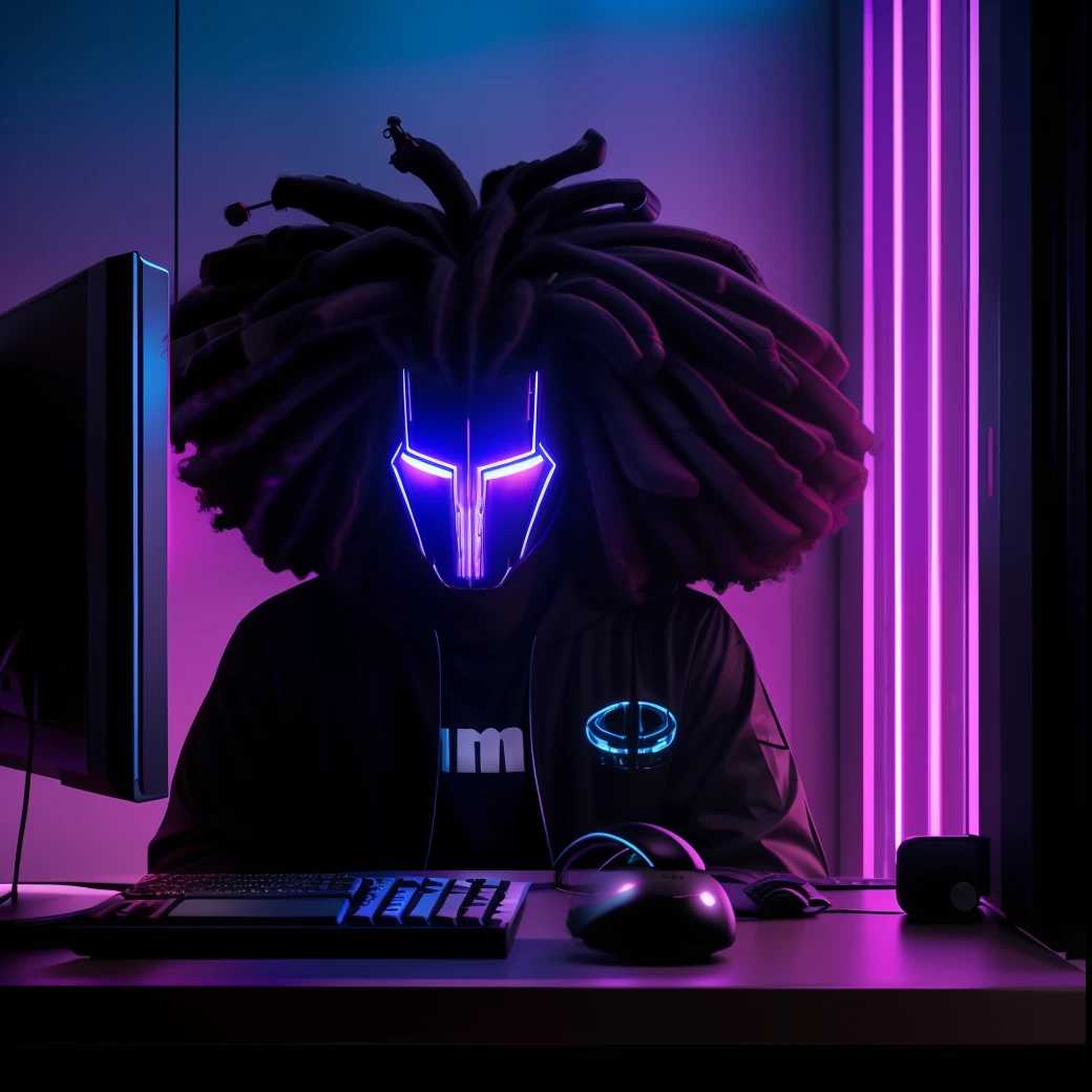 Um homem hacker negro e barbado com cabelos dreads com o rosto meio obscuro sentado diante de um computador ultra-realista e extremamente detalhado, emitting a faintly purple and blue light in a futuristic cyberpunk-themed room. (Um hacker afro em frente a um ultra-realista e extremamente detalhado computador, emits purple and blue light in a futuristic cyberpunk-themed room with a sinister and mysterious mood