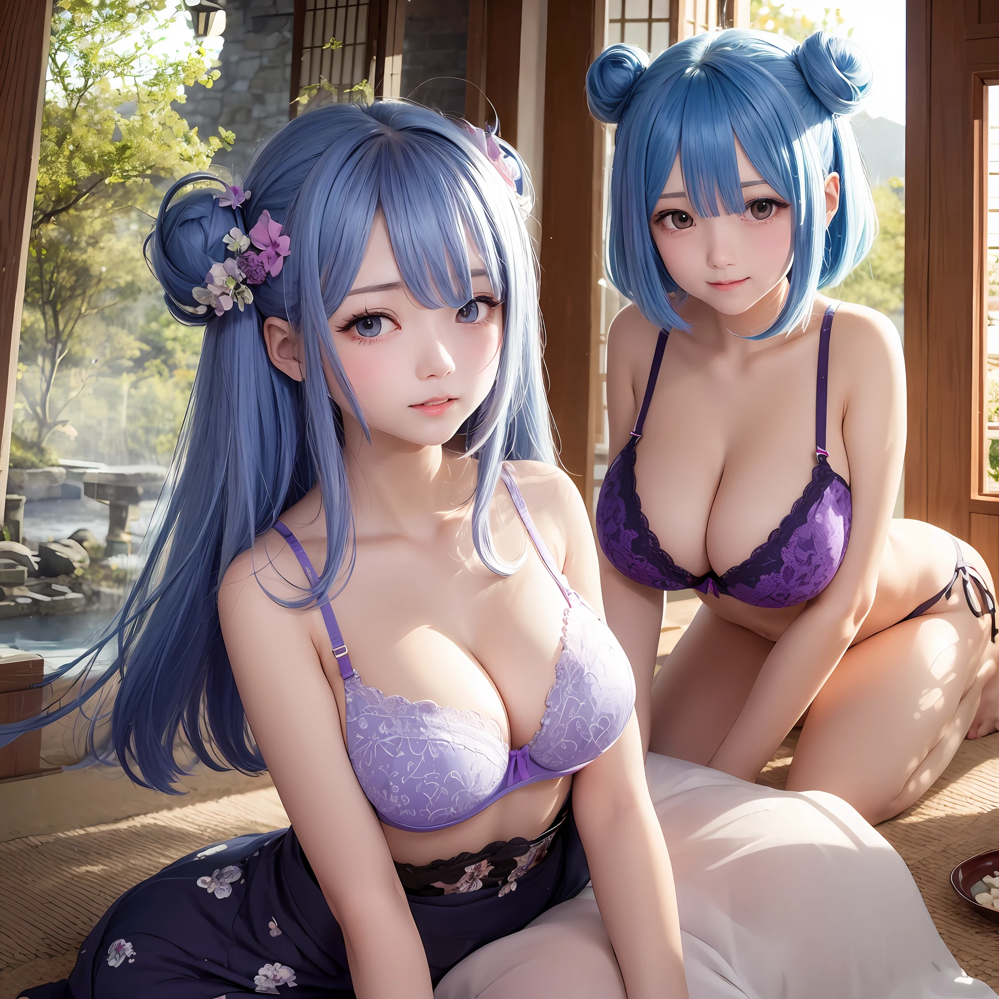 The upper part of the body、女の子1人、Blue hair、Bun hair、mansion、Purple Eye、Gorgeous floral bra、、off shoulders、Large breasts、Chest emphasis、Japan anime-style odd-eye, rain falling