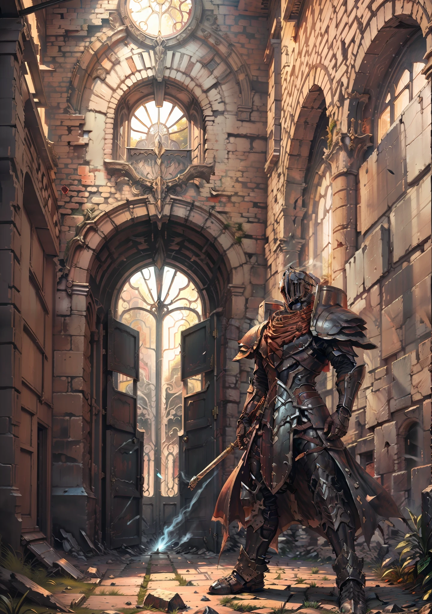 Best Quality, super detailed illustration, Rusty Knight, cracked armor, Rust, castle ruin, Heroic pose