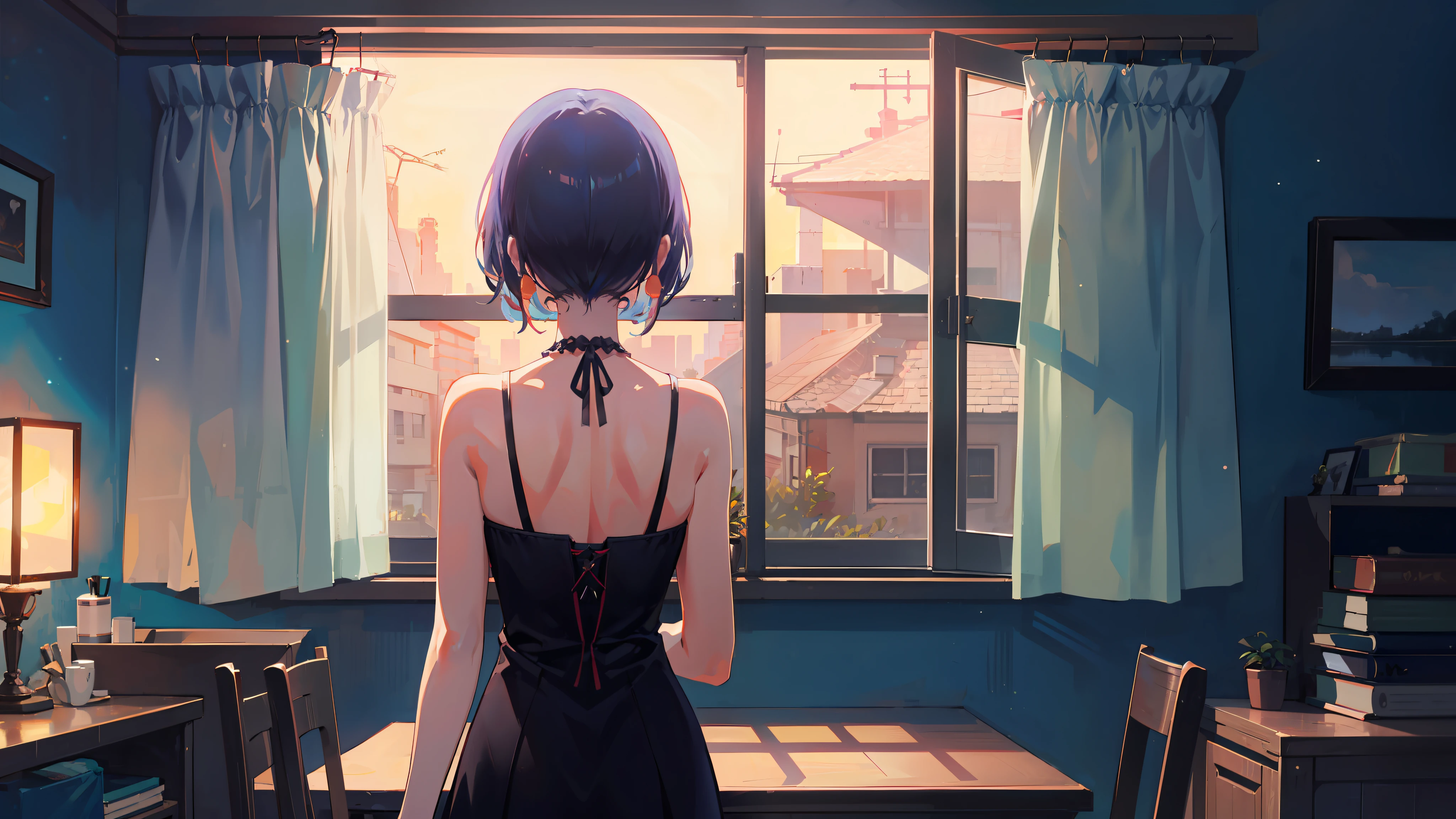 high-level image quality、4K、window、Midnight、Looking out the window、Sentimental、Don't look here、Show your back、Elbow、natta