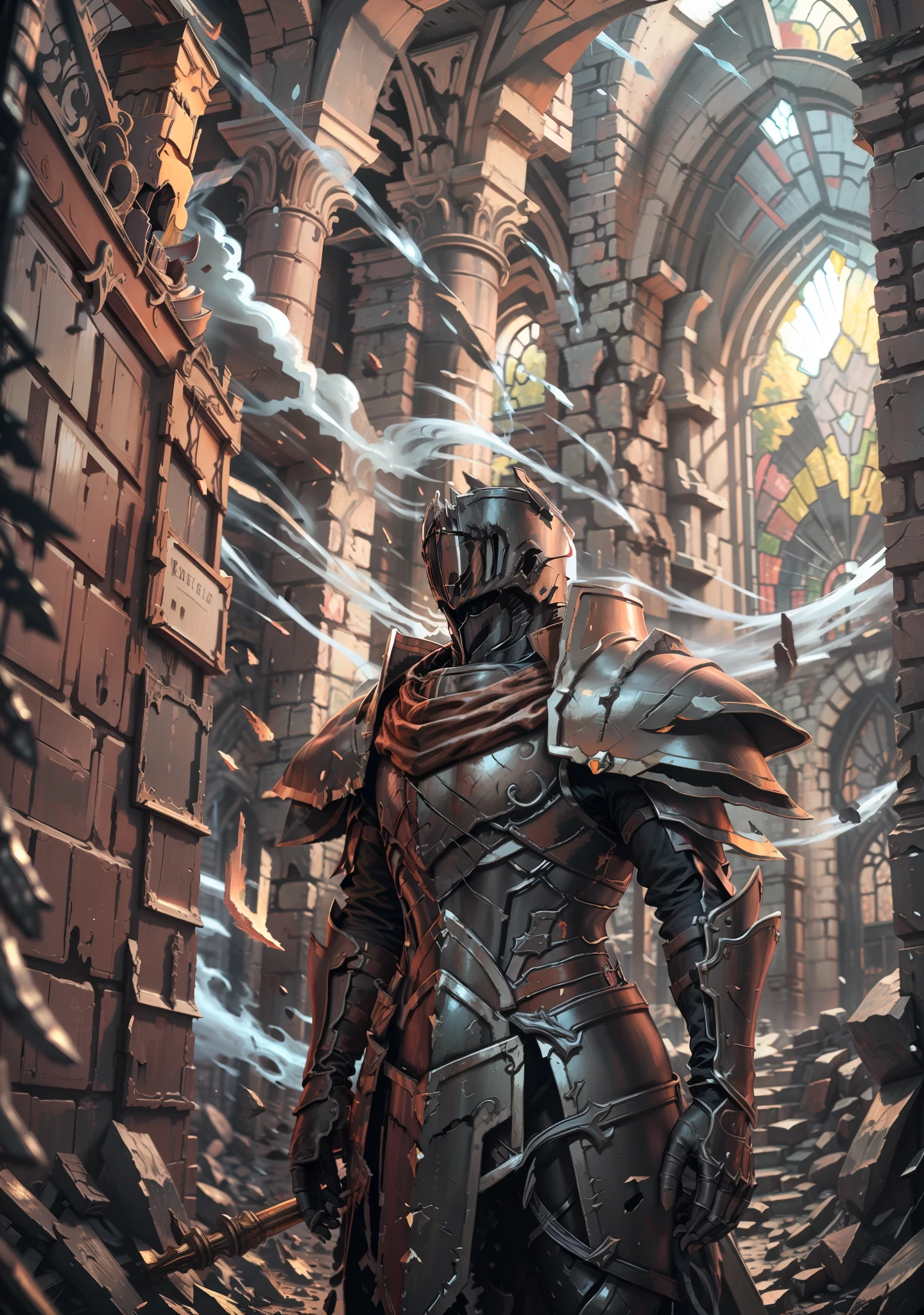 Best Quality, super detailed illustration, Rusty Knight, cracked armor, Rust, castle ruin, Heroic pose