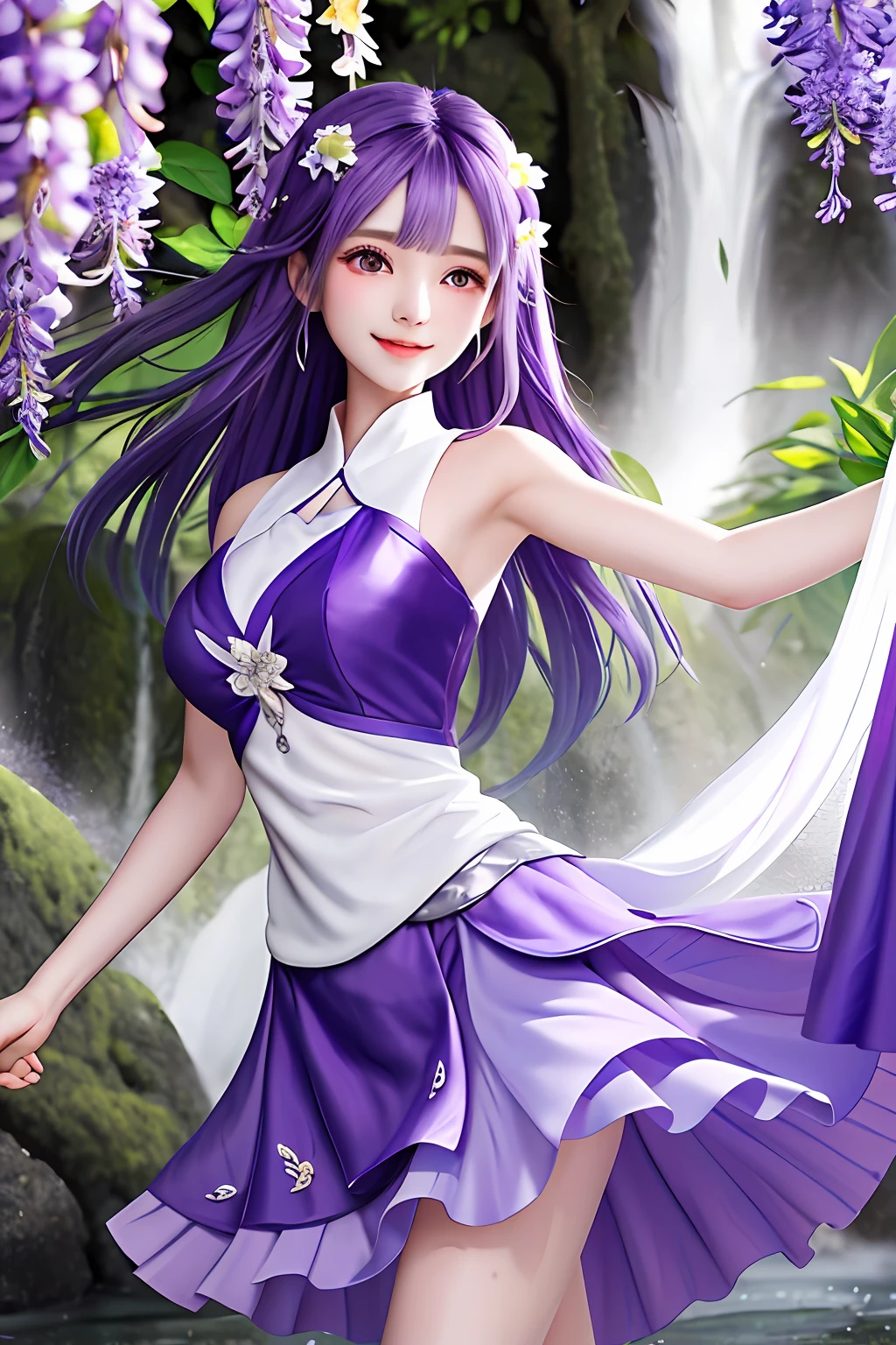 Deep and shallow in the Wisteria Luo Waterfall,The flower fairy is dancing,She has silver hair and purple eyes,The clothes are also a deep and shallow purple,When flying in the wind,Accompanied by purple petals,The skirt rises elegantly,Reveal smooth calves,Without losing energy,Endless
