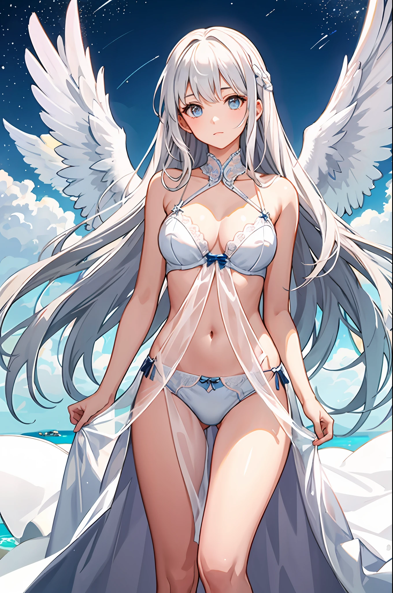 Wings,angelicales,s girl,Lingerie transparent,White hair,long whitr hair,Eyes like stars,quadratic element,The background is a sky full of stars,Protruding up,A shy expression