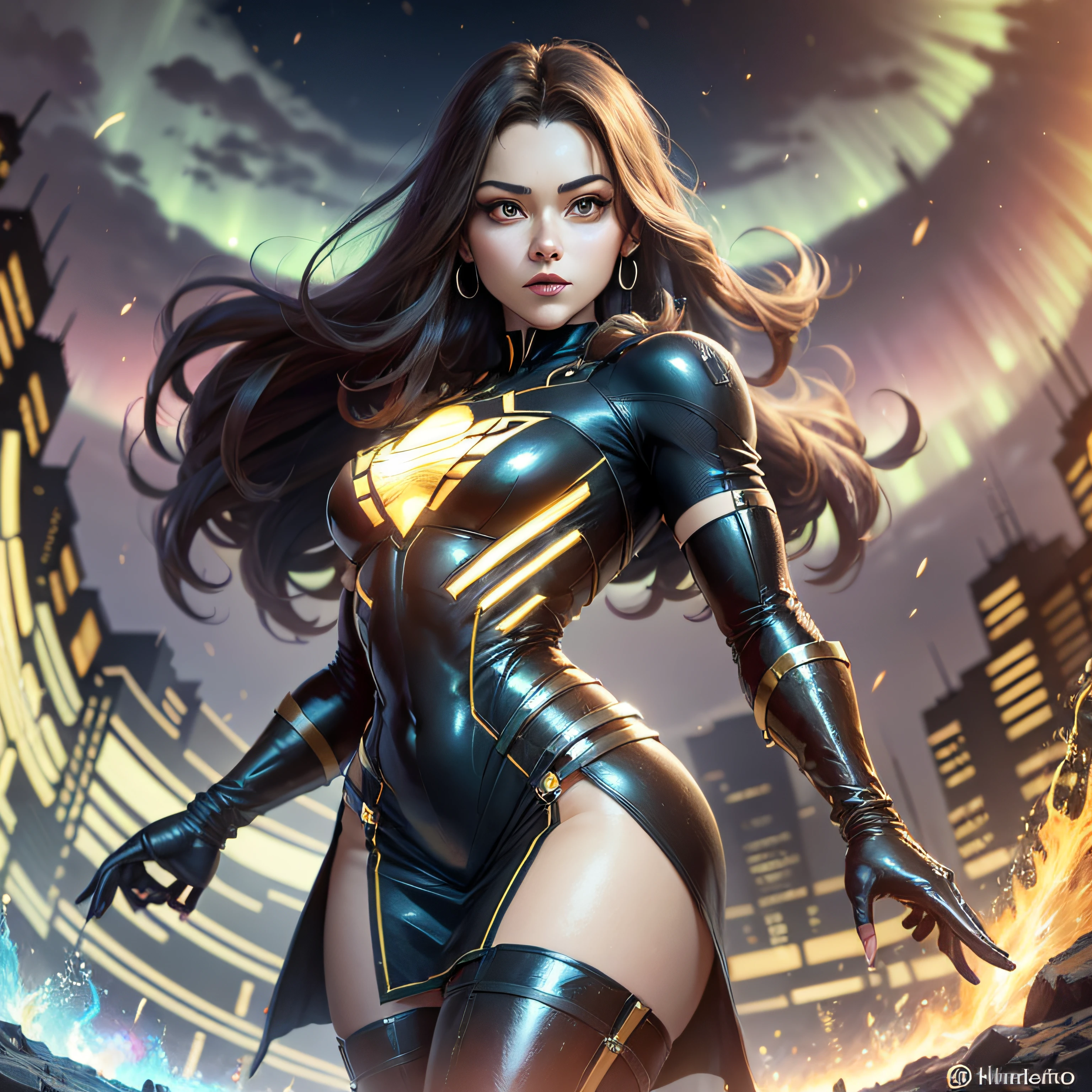 Um poderoso e agressivo Superman sombrio, olhos azuis, longos cabelos loiros, 4k, Black latex dress with yellow neon holographs across the body,, detalhes bege e dourado laranja, artstation, hiperdetalhado, 8k, beautiful lighting, artstation por Michelangelo, hiperdetalhado, sobre o ombro, fractal, cores vibrantes, arte realista, 8K分辨率, forma clara, forma definida, corpo inteiro, Fortress of solitude in the background, Aurora Borealis in a night sky.